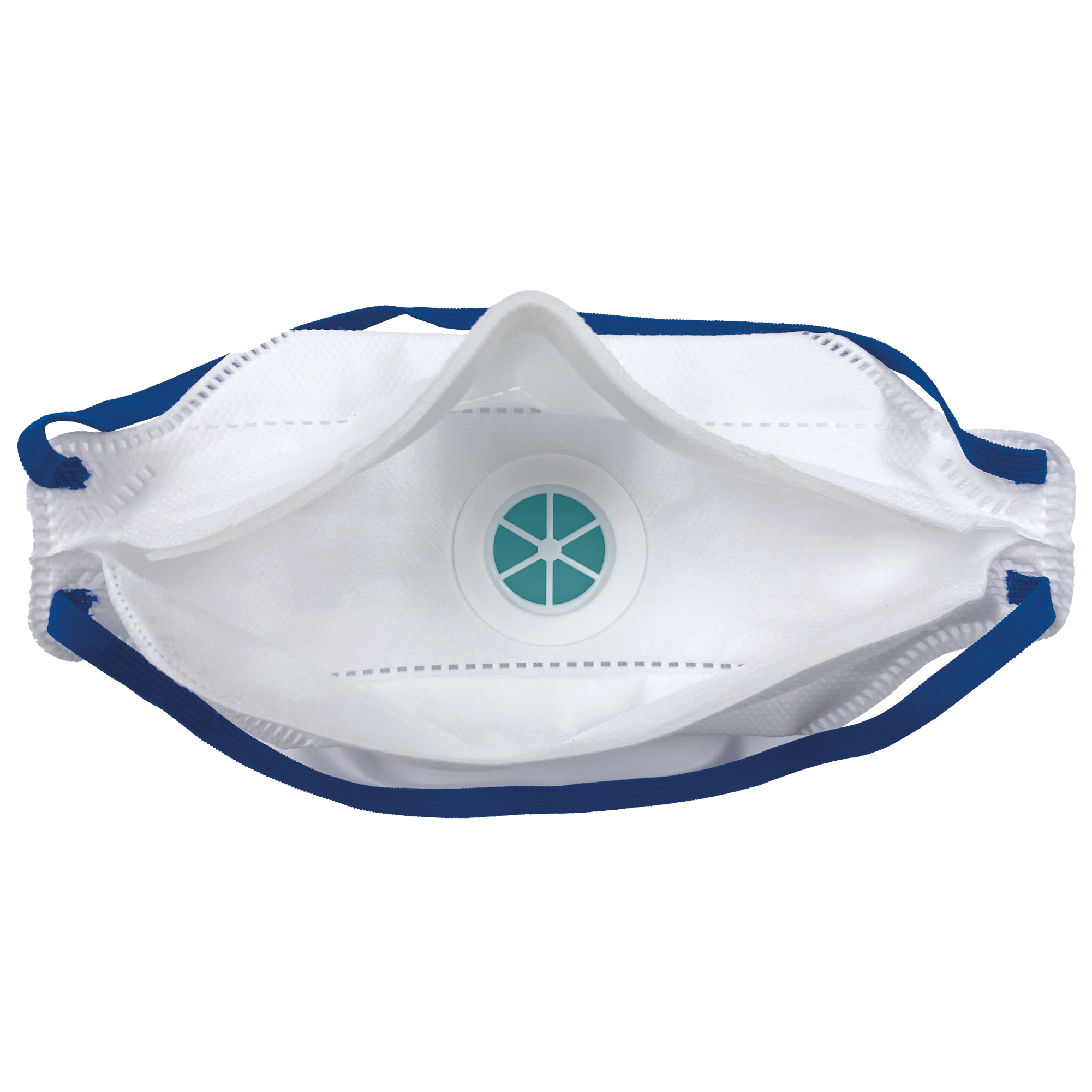 FFP2 Atemschutzmaske mit Ventil, weiß, faltbar, latexfreie elastische Bänder und Schaumstoffrand – für Einmalgebrauch.