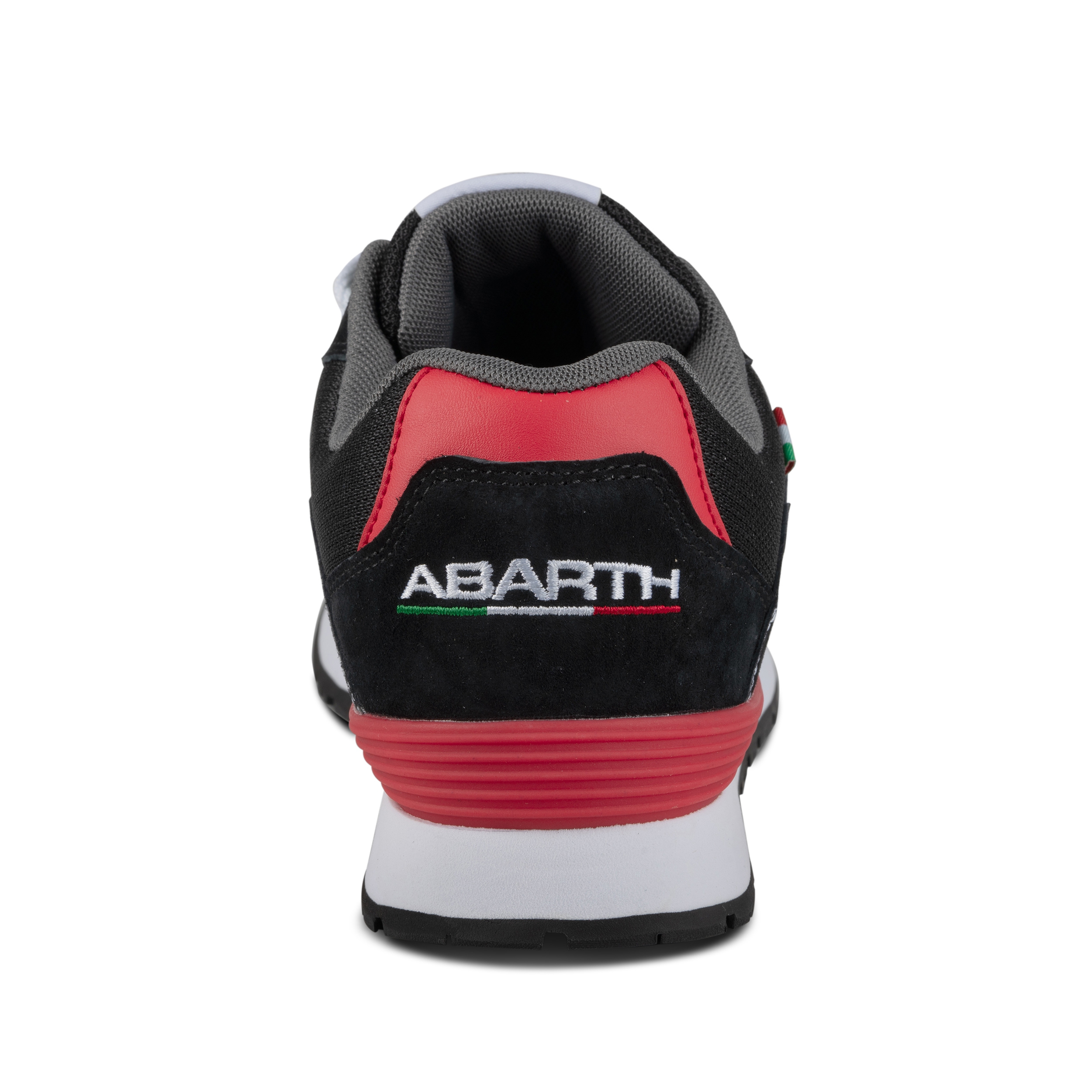 Rückansicht Abarth Sicherheitsschuh S1P im Sneaker-Design, schwarz und rotem Detail, leichter Arbeitsschuh.
