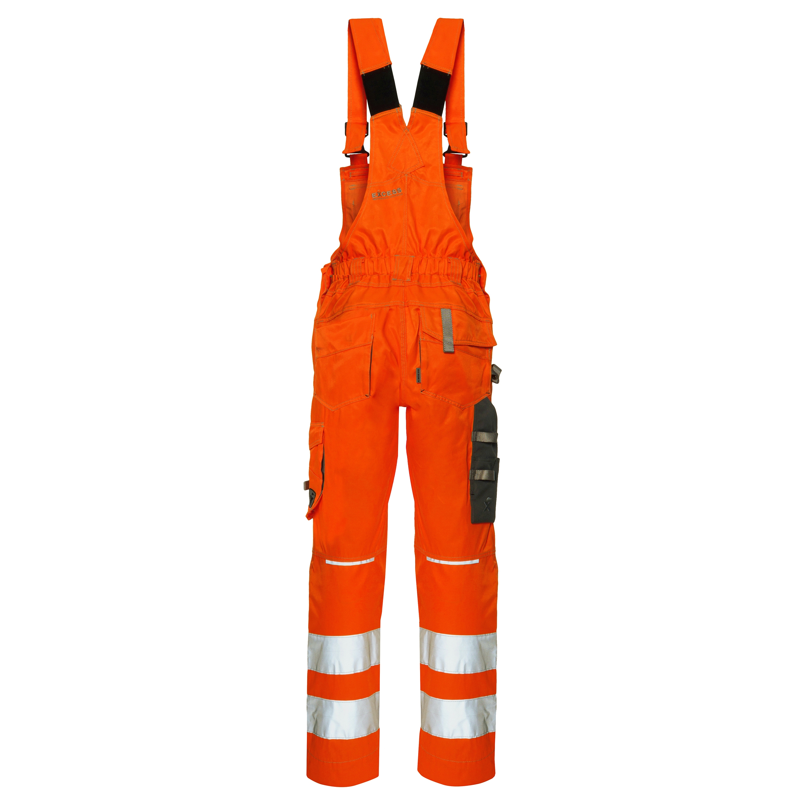 XCESS Warnschutz-Latzhose orange mit Reflexstreifen, robust und funktional für Bau und Handwerk.