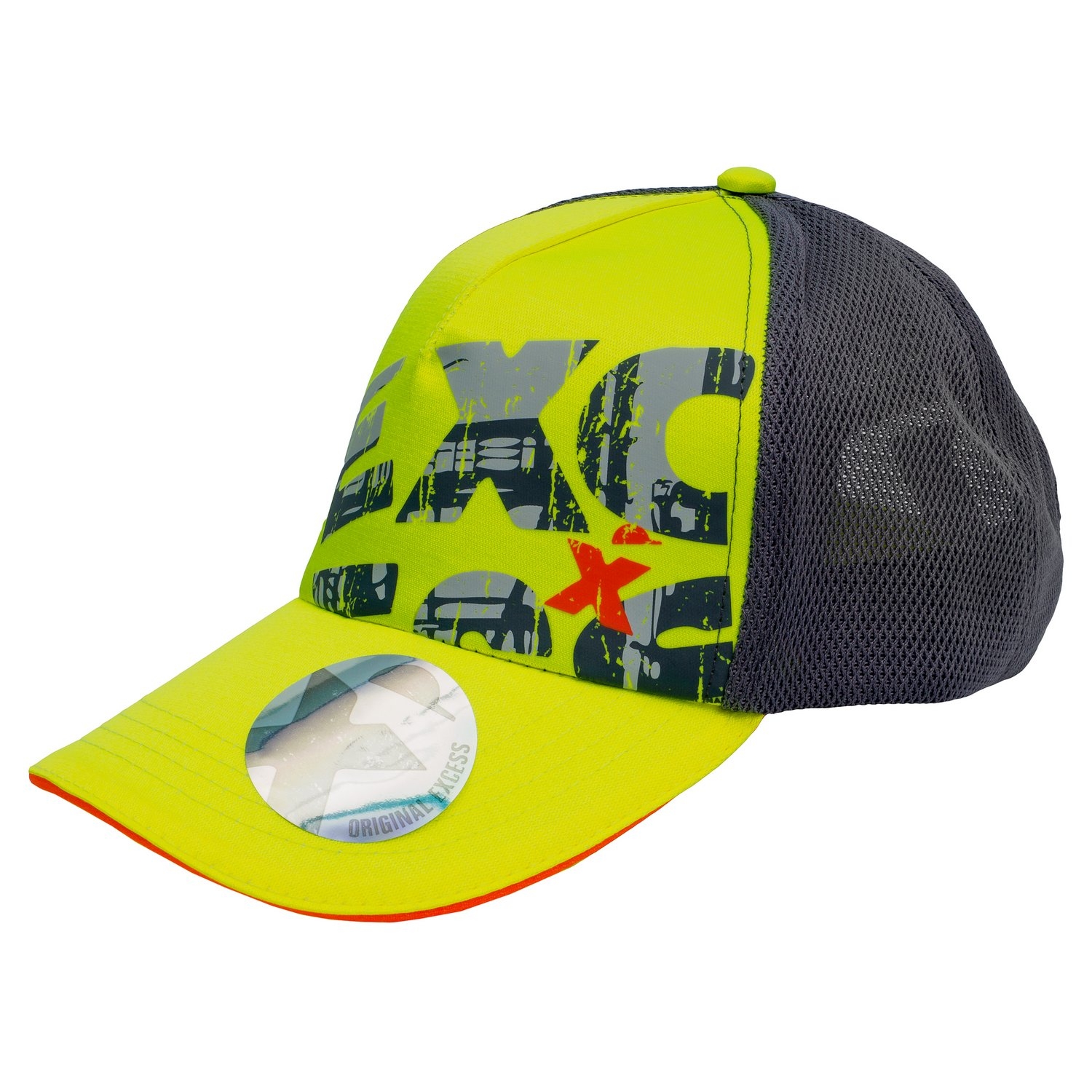 EXCESS Cap gelb mit grauem Netzteil und auffälligem Print, sportliche Arbeits- und Freizeitkappe.
