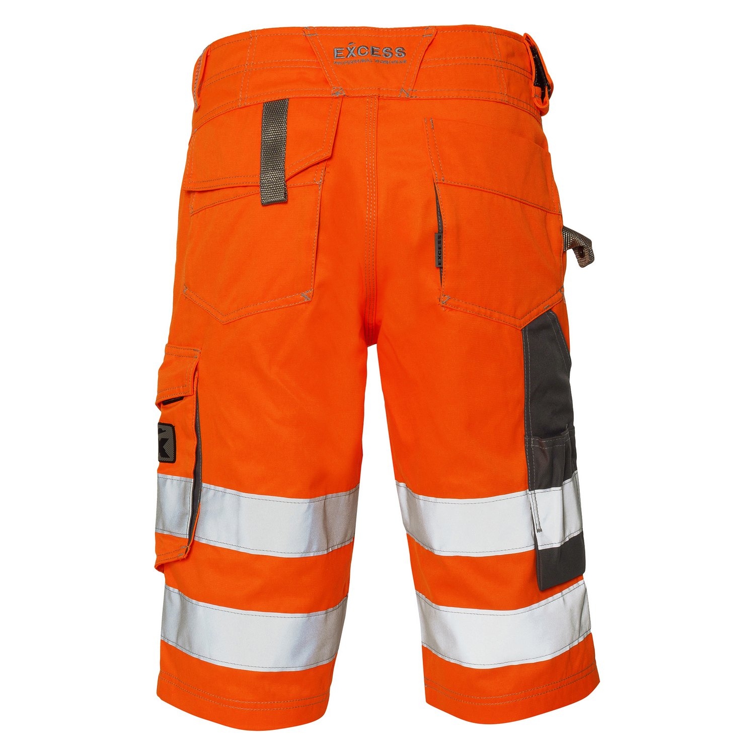 Orangefarbene Bermuda-Arbeitshose mit silbernen Reflexstreifen, praktischen Seitentaschen und Gürtelschlaufen.