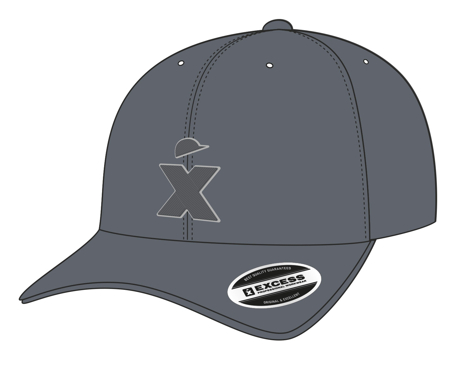 Graue Baseball-Cap mit gebogenem Schirm, EXCESS Logo-Print vorne und Aufkleber mit Markenaufdruck auf dem Schirm.