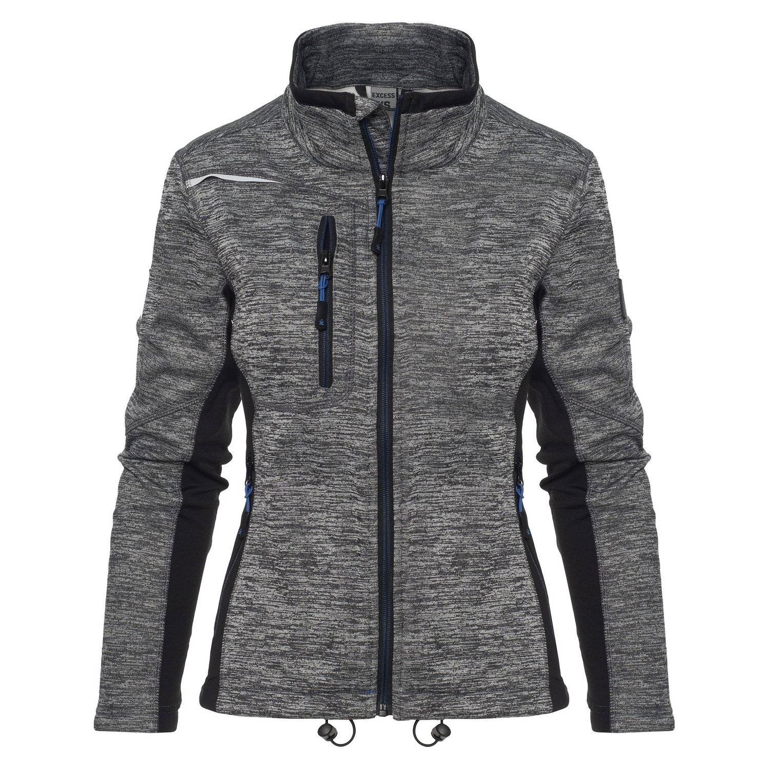 Excess Workwear Damenjacke grau-meliert mit schwarzen Einsätzen, sportlicher Schnitt, Reißverschlusstaschen und Stehkragen.