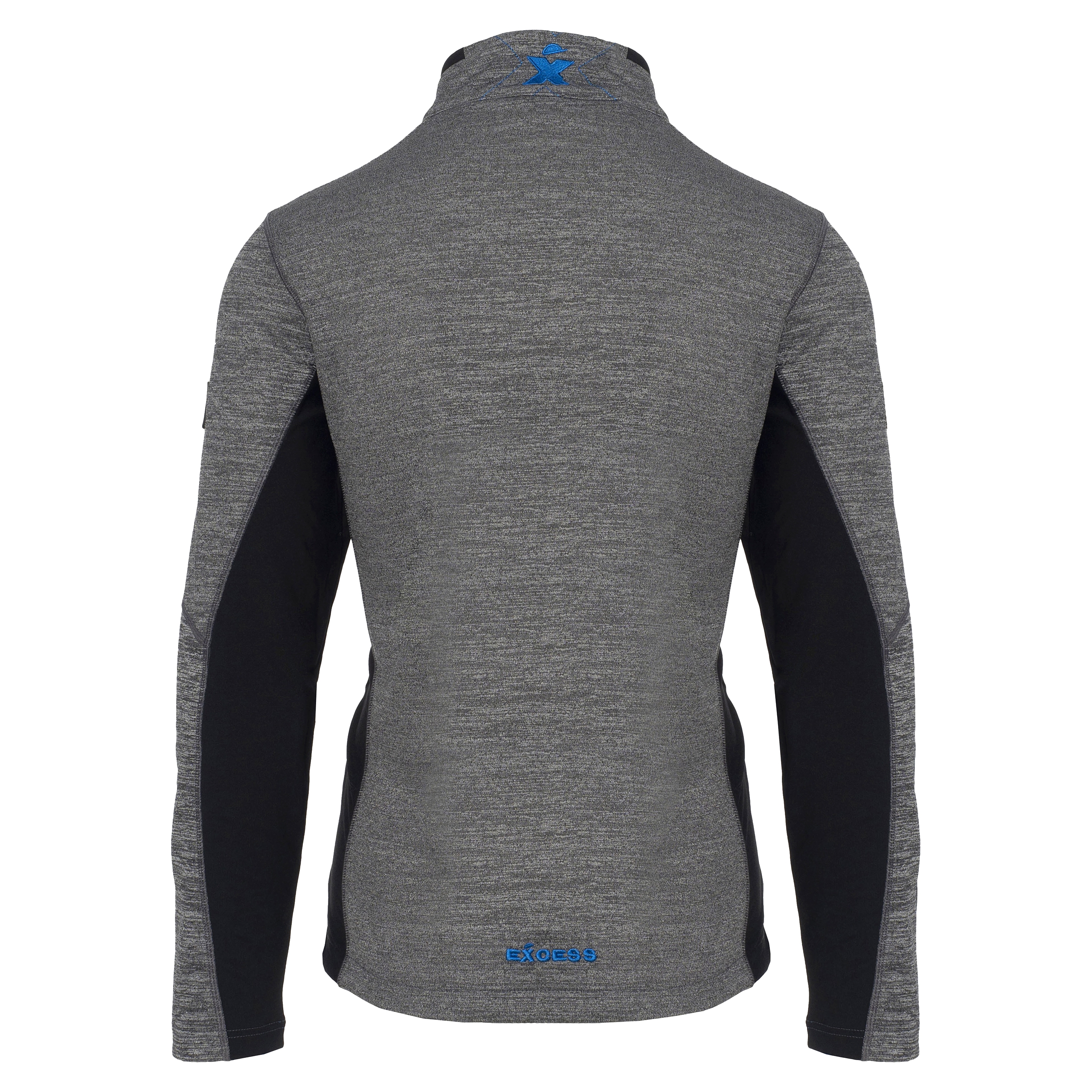 Excess Workwear Sweatjacke Rückansicht grau-meliert mit schwarzen Einsätzen, Stehkragen und Reißverschlusstaschen, sportlicher Schnitt.