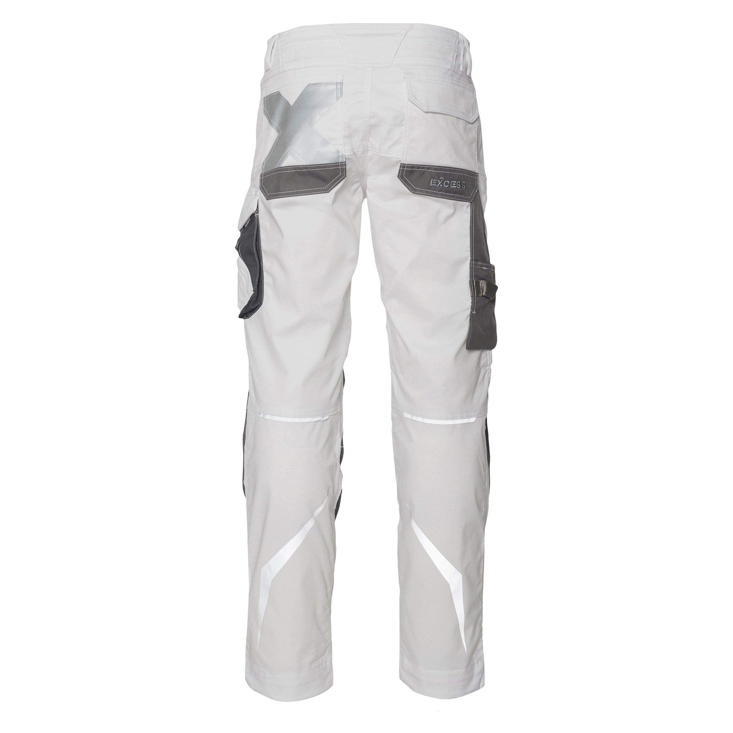 Rückseite der weißen Arbeitshose von Excess mit grauen Gesäß- und Seitentaschen, auffälligem reflektierendem X-Design, Kontrastnähten und reflektierenden Elementen an den Beinen für erhöhte Sichtbarkeit.