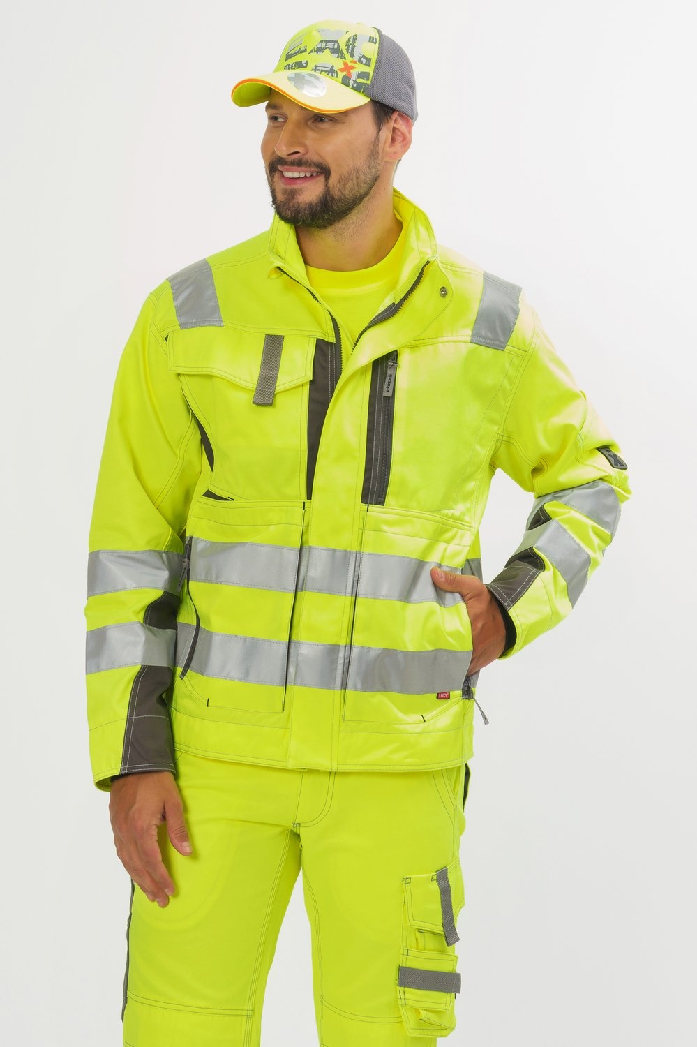 EXCESS Warnschutzjacke gelb mit Reflexstreifen, robuste Arbeitskleidung für Bau und Handwerk.