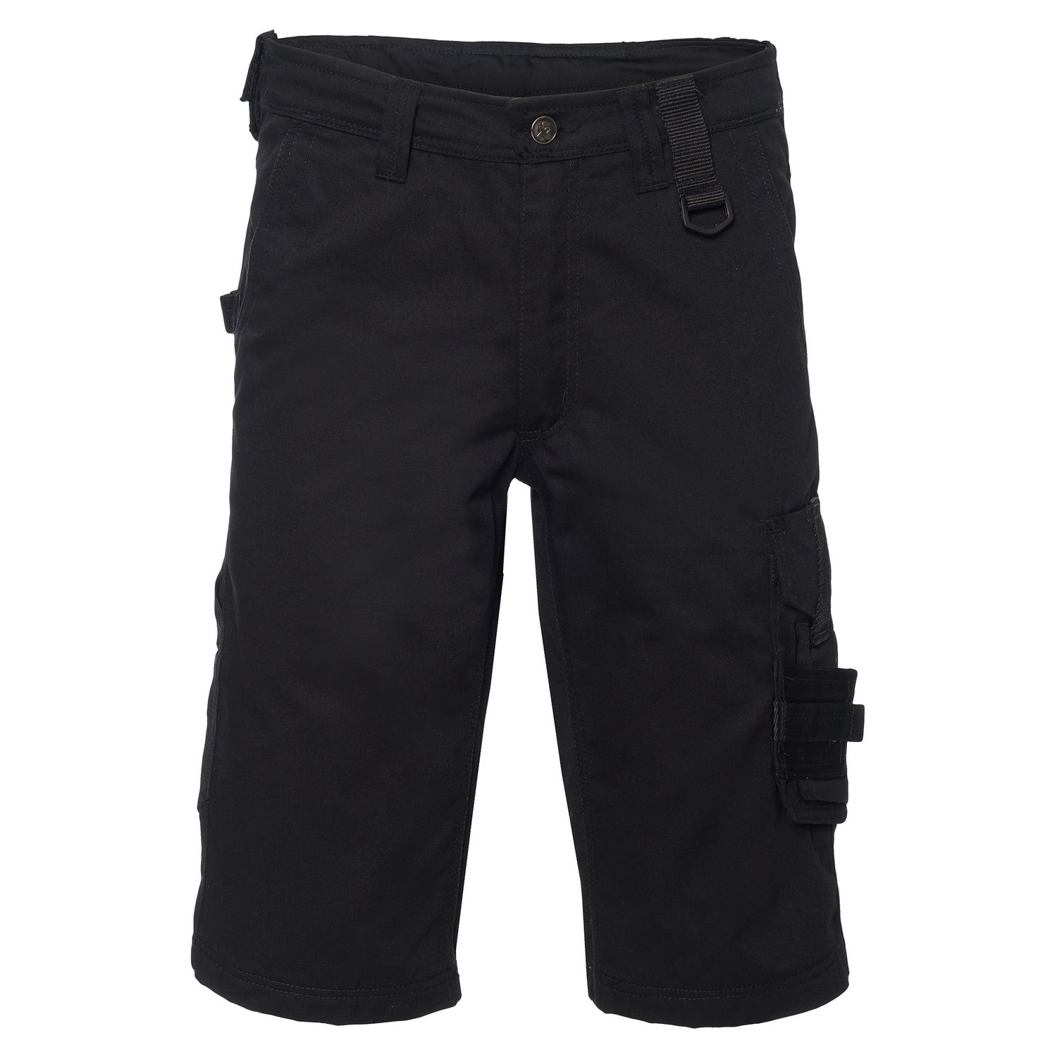 Schwarze Arbeitsbermuda mit praktischen Cargotaschen und Werkzeugschlaufen – funktionale Malershorts für Handwerker und Bauarbeiten.