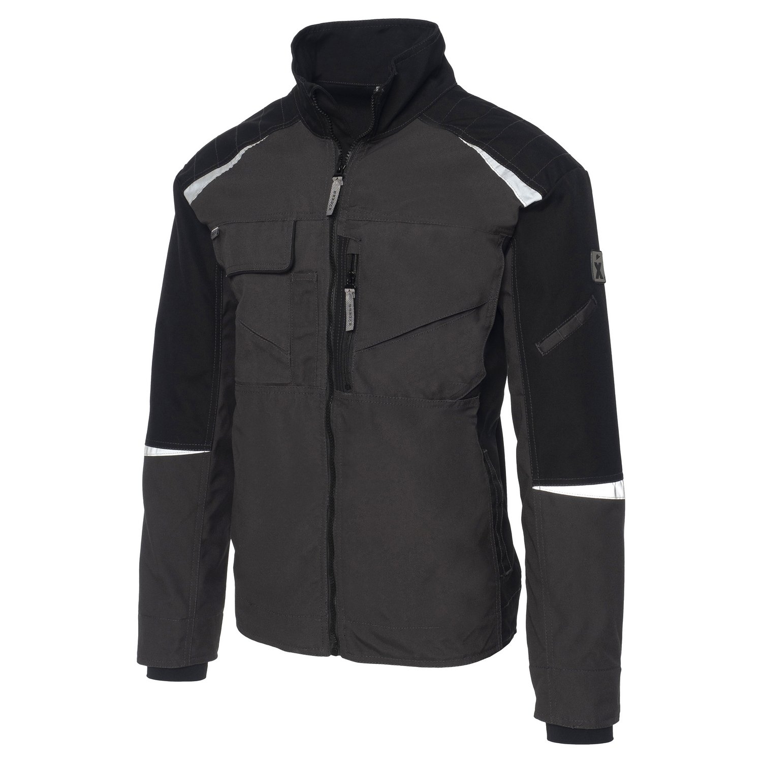 Excess Workwear Arbeitsjacke in Schwarz mit Brusttaschen, Reißverschluss und reflektierenden Einsätzen für bessere Sichtbarkeit.