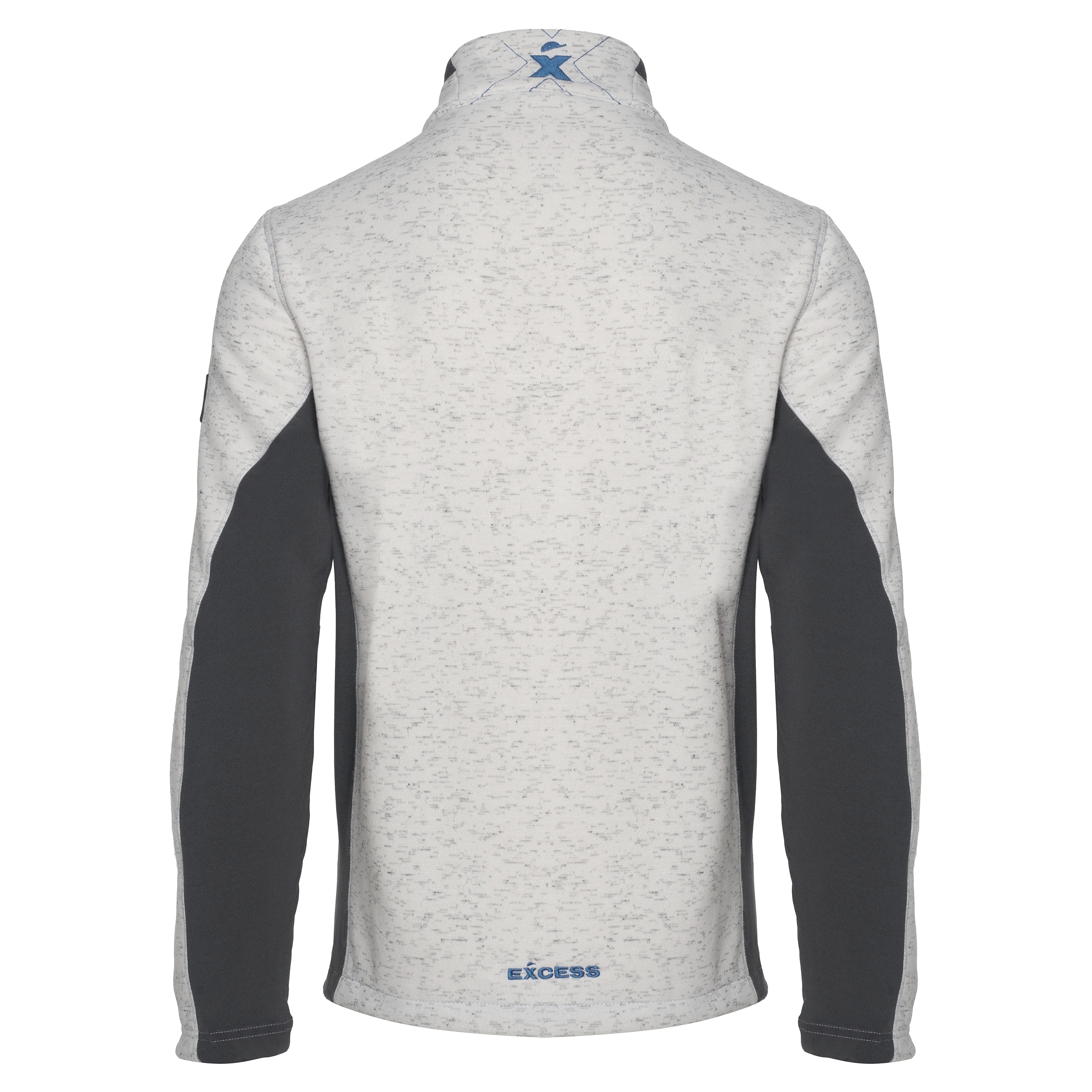 Rückseite Excess Workwear Sweatjacke weiß-grau meliert mit grauen Einsätzen, sportlicher Schnitt, Reißverschlusstaschen und Stehkragen.