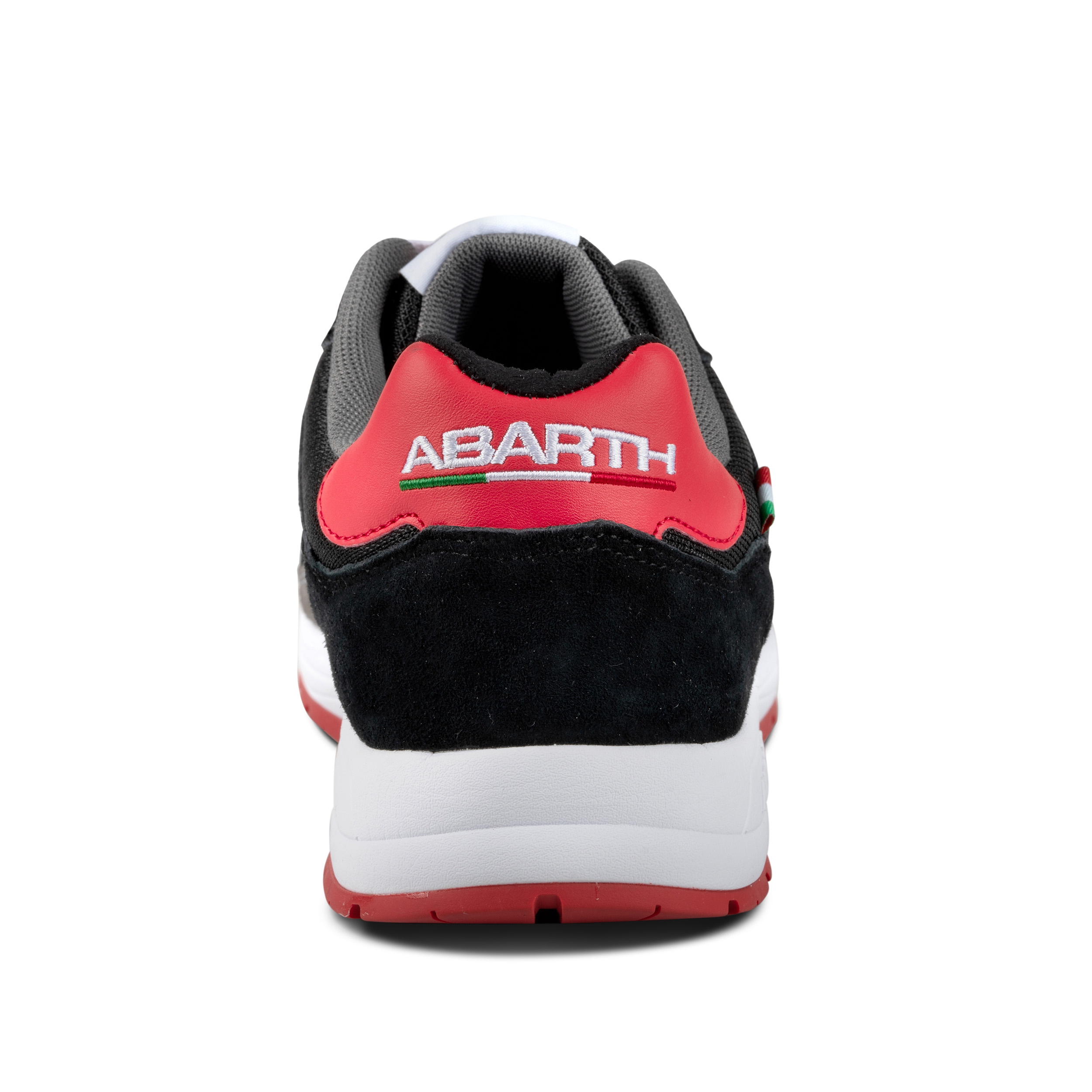 Sportlicher Abarth Sicherheitsschuh in Schwarz mit rotem Fersenbereich und weißer Laufsohle, Rückansicht mit gesticktem Logo.