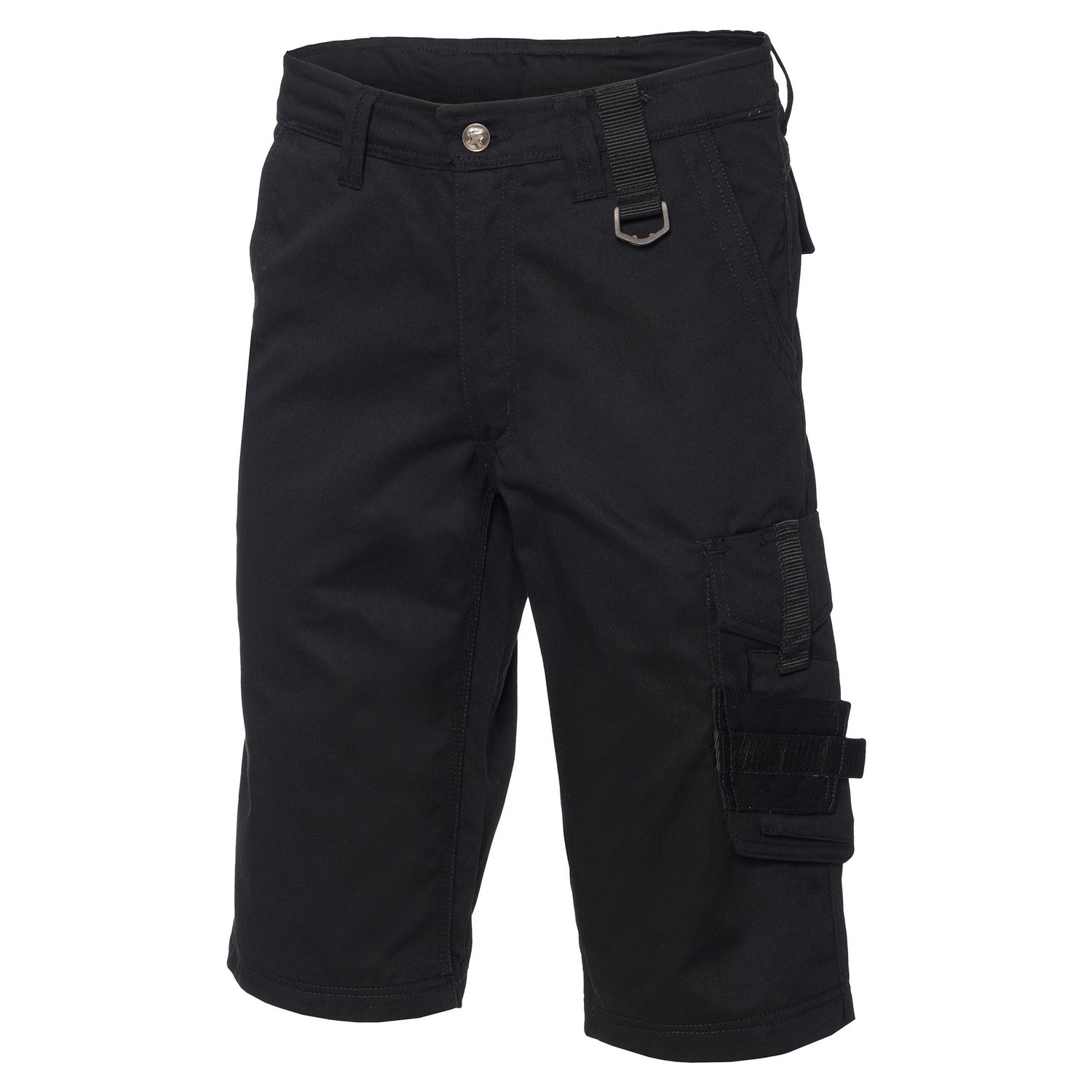 Schwarze Arbeitsbermuda mit praktischen Cargotaschen und Werkzeugschlaufen – funktionale Malershorts für Handwerker und Bauarbeiten.