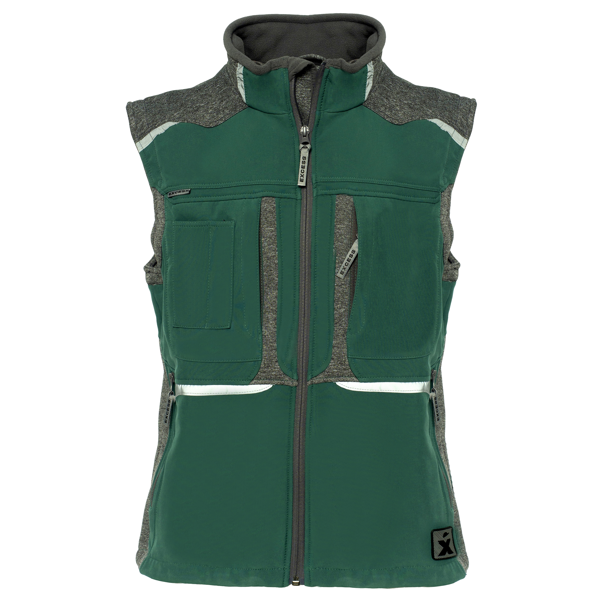 Ärmellose Softshell-Arbeitsweste von Excess in Grün mit grauen Schulter- und Seiteneinsätzen, hohem Kragen, mehreren Reißverschlusstaschen und reflektierenden Elementen für Arbeit und Outdoor.