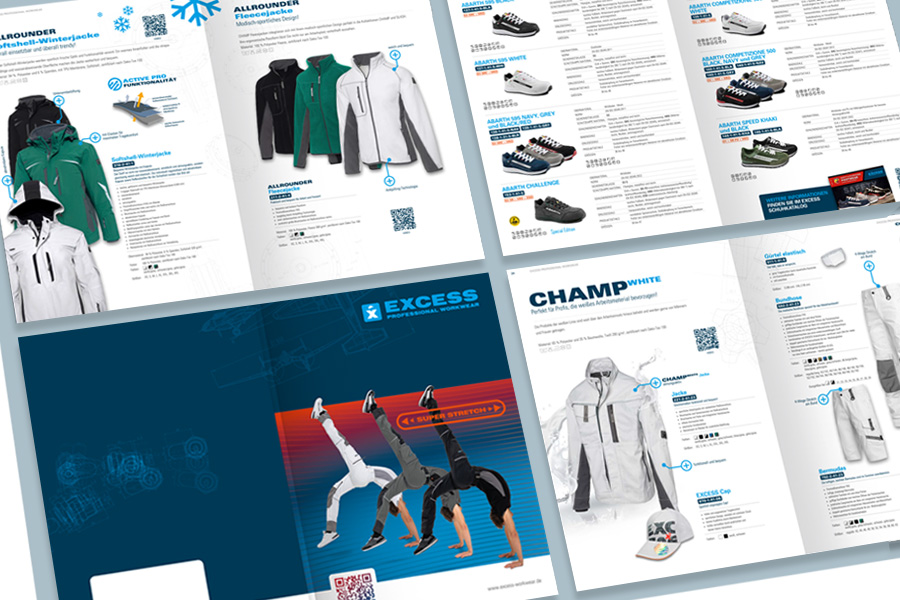 Mehrseitiger Produktkatalog der Marke Excess Professional Workwear mit Abbildungen von Arbeitsjacken, Hosen und Zubehör. Das Layout kombiniert blaue und weiße Flächen mit Produktfotos, Beschreibungen und technischen Details.