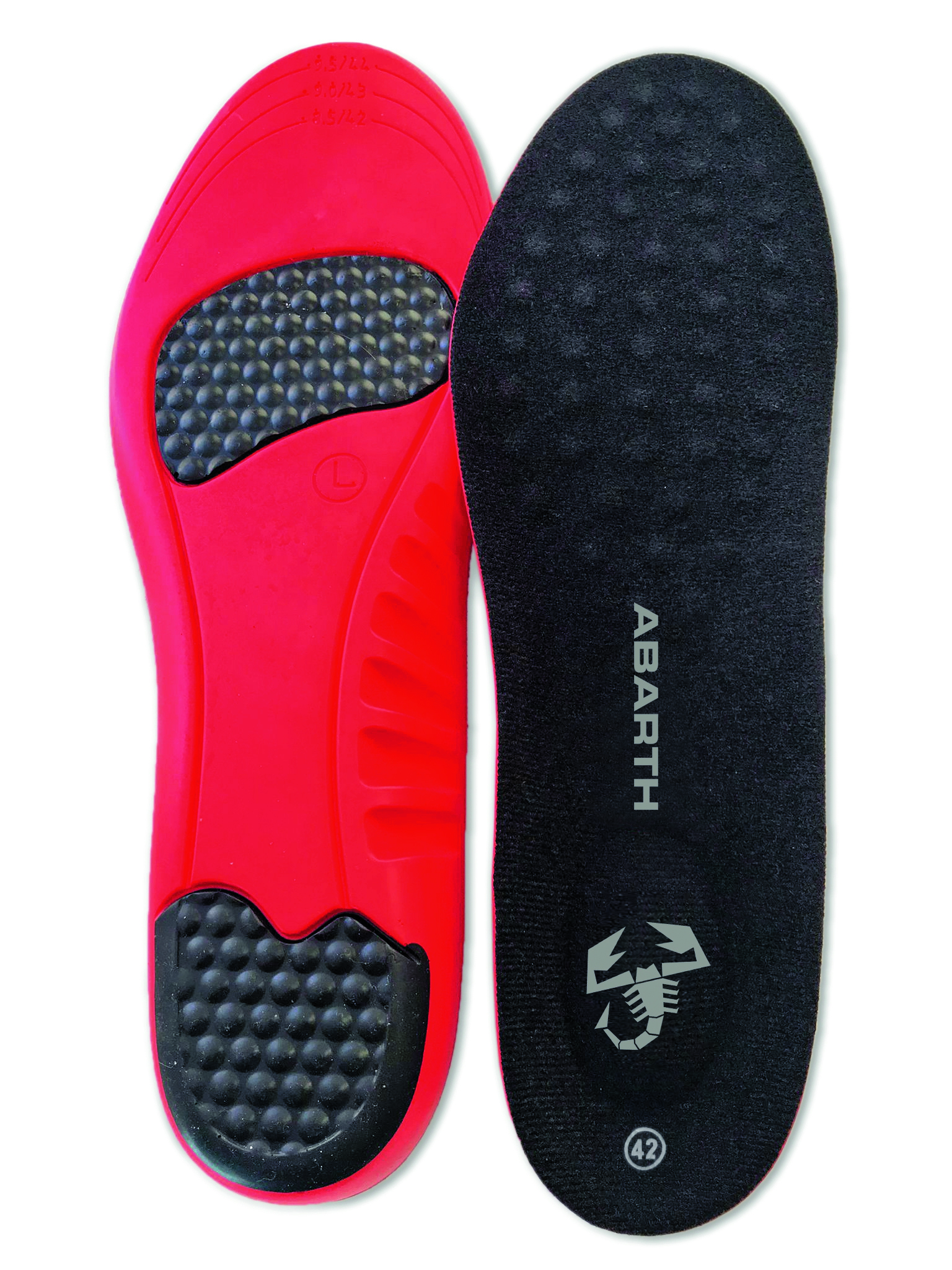 Abarth Einlegesohlen schwarz-rot mit Logo, ergonomische Sohlen mit Noppenpolsterung und Dämpfung.