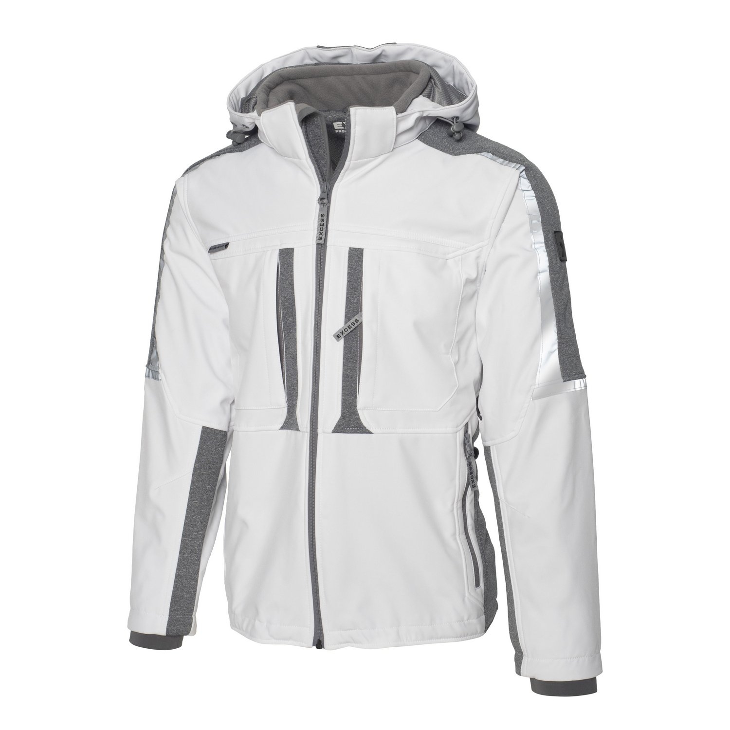 Excess Workwear Softshelljacke in Weiß mit Kapuze, grauen Einsätzen, Reißverschluss und praktischen Taschen.