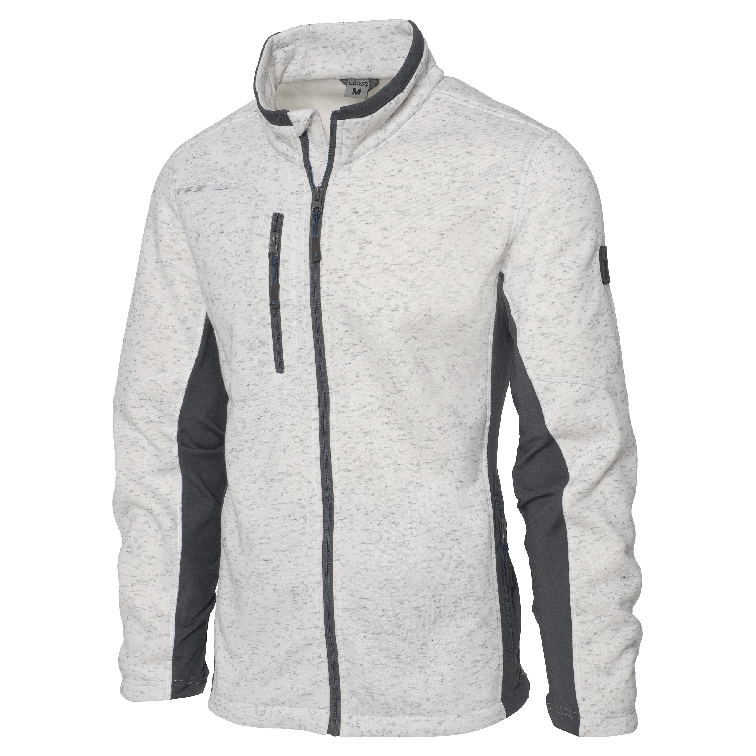 Excess Workwear Jacke weiß-grau meliert mit grauen Einsätzen, sportlicher Schnitt, Reißverschlusstaschen und Stehkragen.