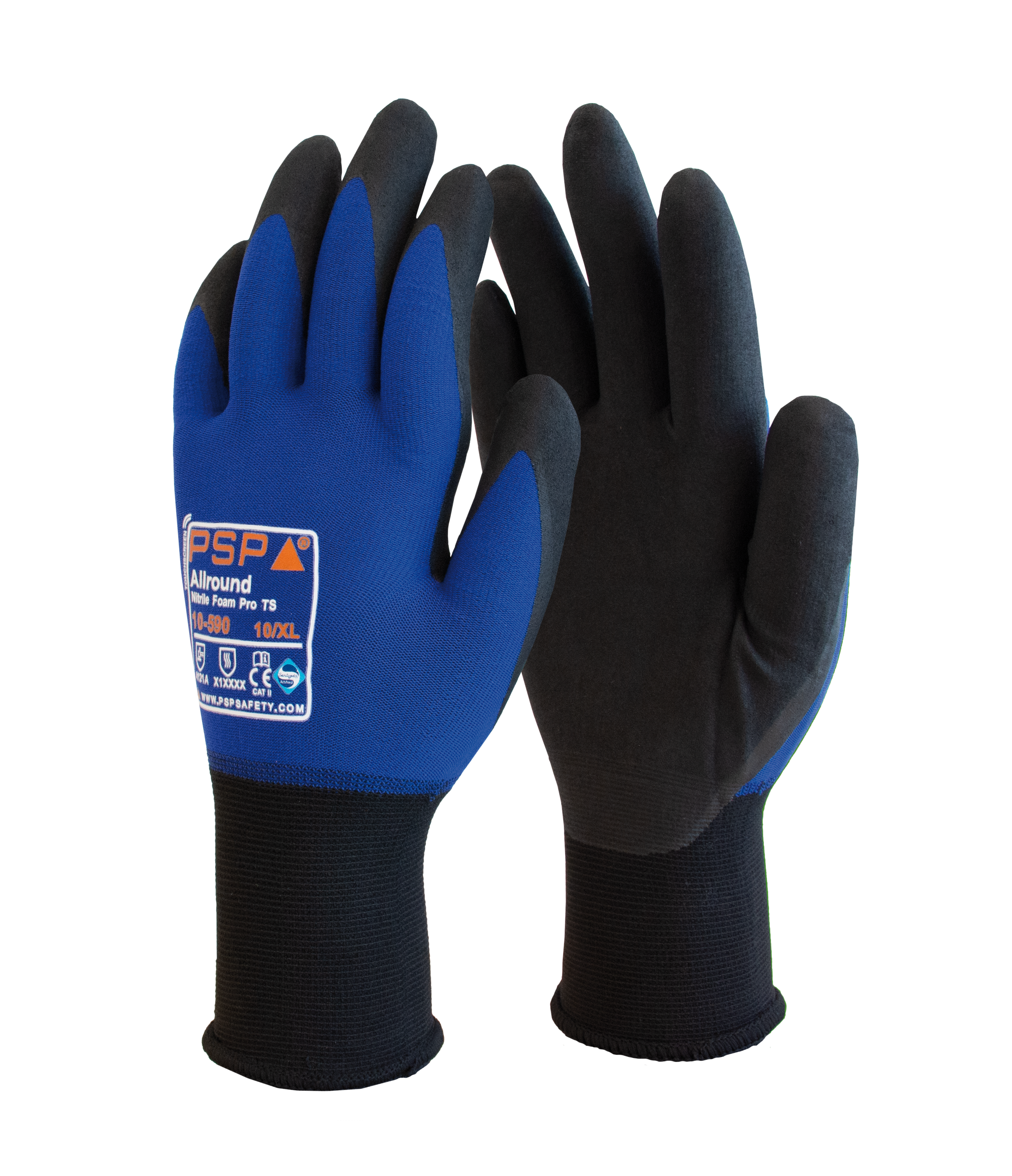 Blauer TS-NF Arbeitshandschuh Größe XXL mit Nitrilschaum-Beschichtung auf der Handfläche, Touch-Funktion und belüftetem Lycra-Handrücken.