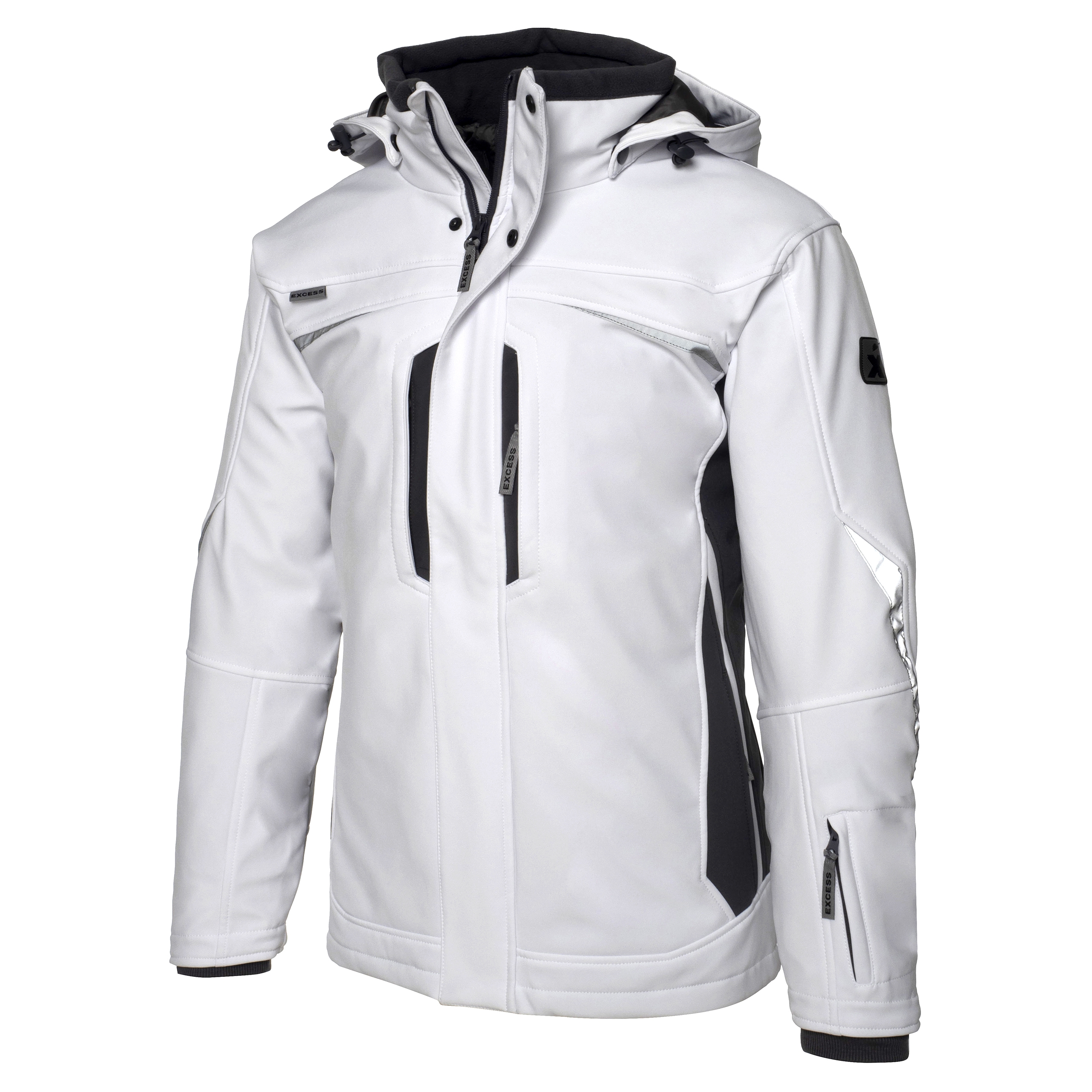 Excess Workwear Softshelljacke in Weiß mit Kapuze, schwarzen Einsätzen, Reflexdetails und Reißverschlusstaschen.