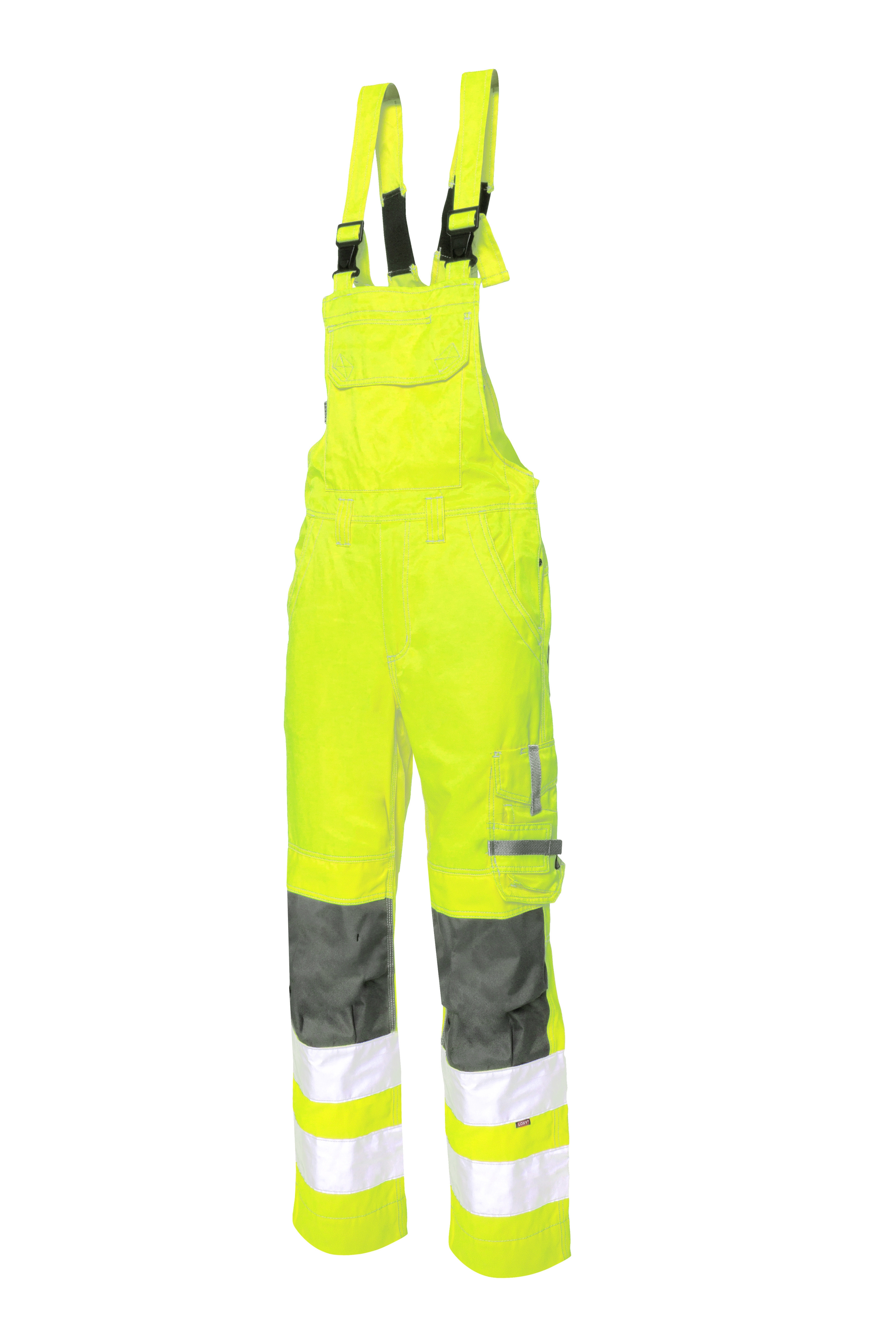 EXCESS Warnschutz-Latzhose gelb mit Reflexstreifen, robust und funktional für Bau und Handwerk.