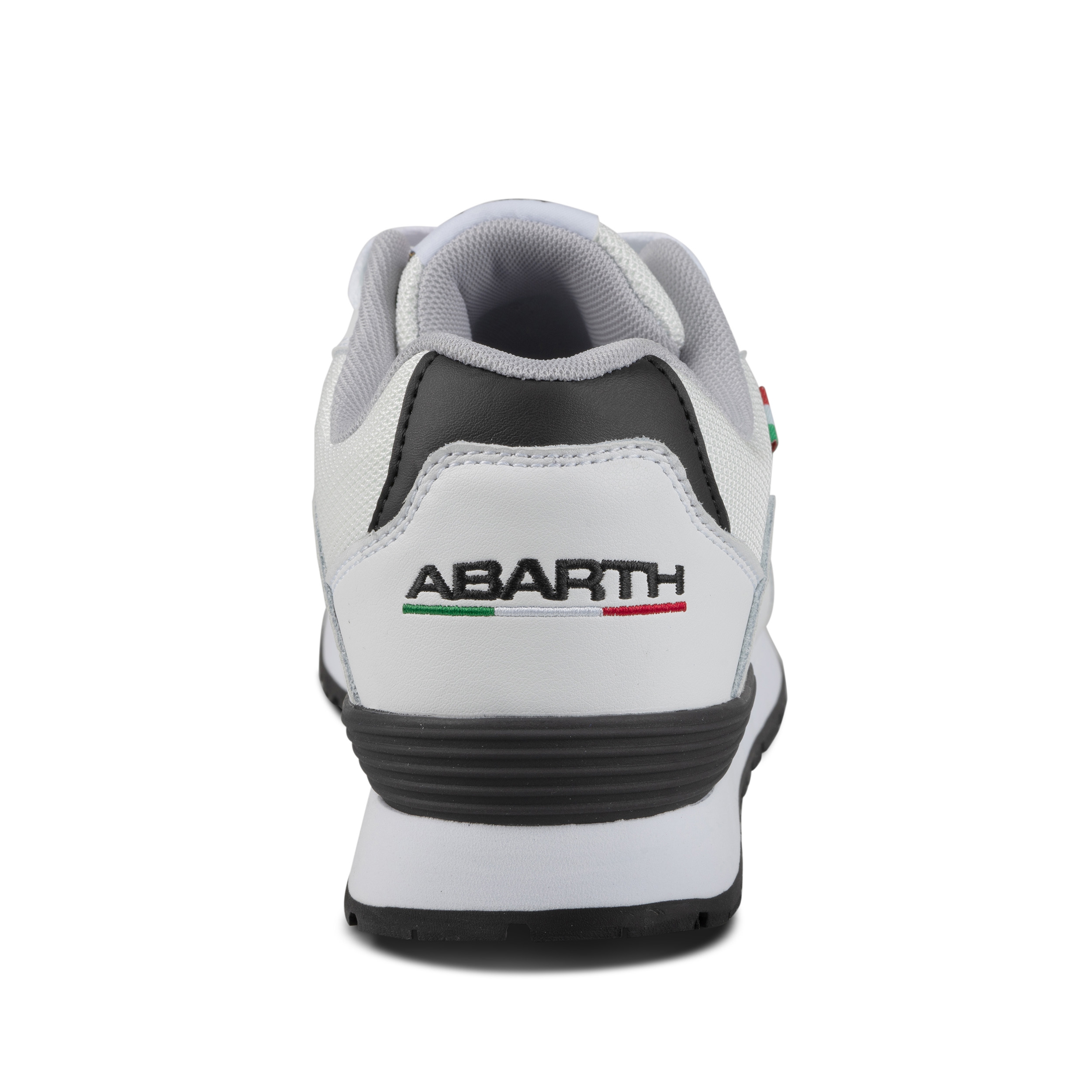 Rückansicht eines weißen ABARTH Arbeitsschuhs mit Logo.