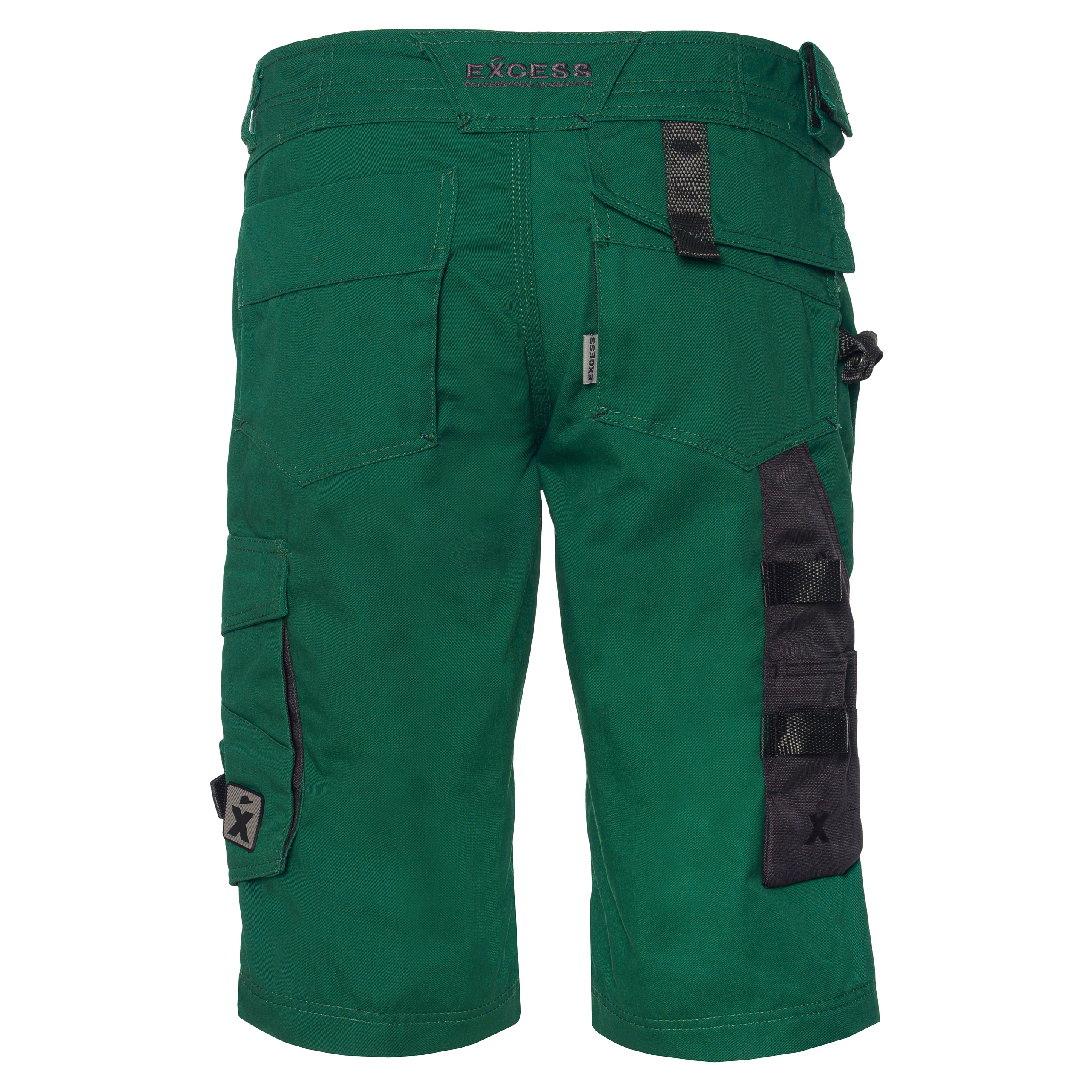 Rückansicht einer grünen Arbeitsbermuda mit praktischen Cargotaschen und Werkzeugschlaufen – funktionale Malershorts für Handwerker und Bauarbeiten.