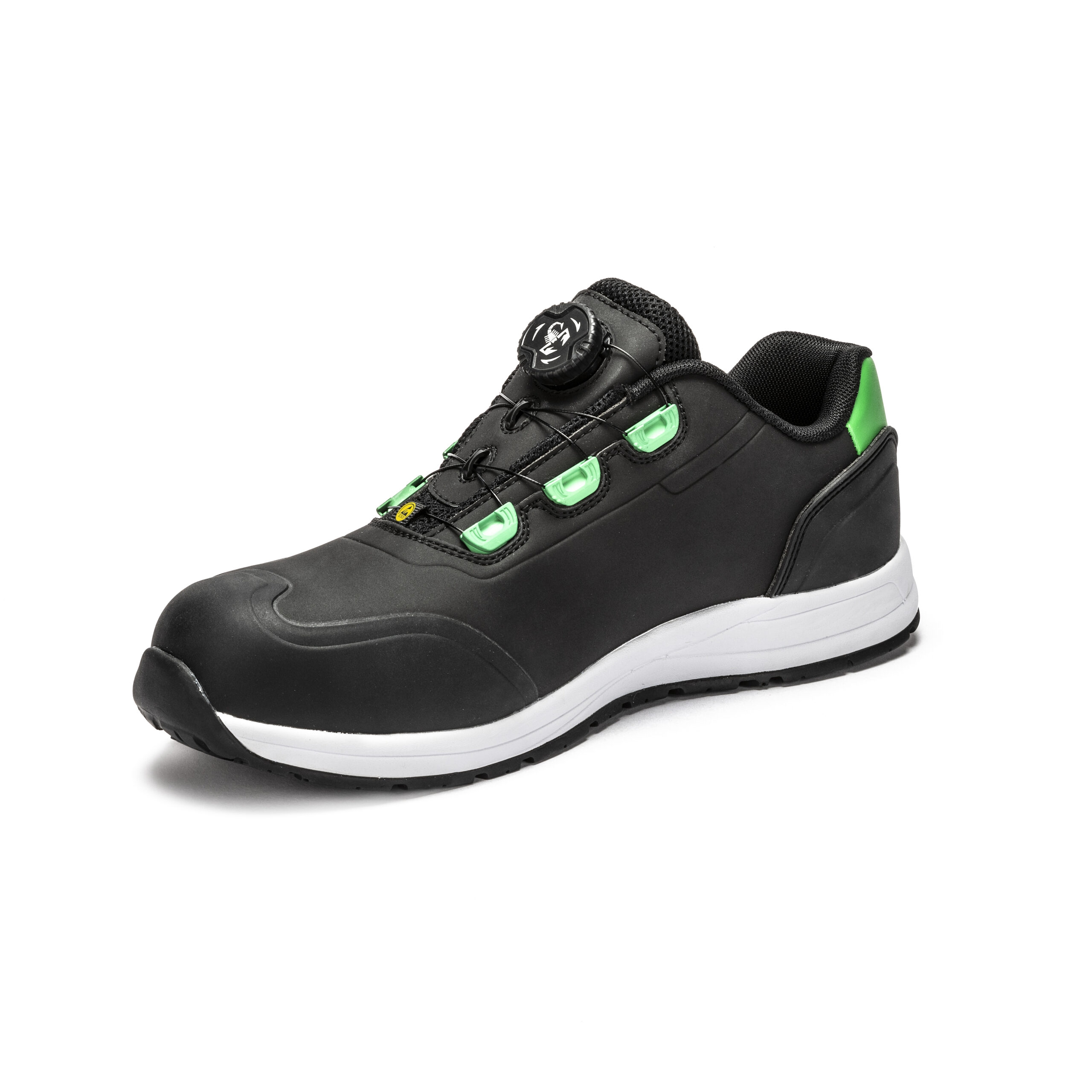 ABARTH Sicherheitsschuh schwarz-grün mit Drehverschluss und robuster weißer Sohle – sportlicher Arbeitsschuh für Handwerk & Industrie.
