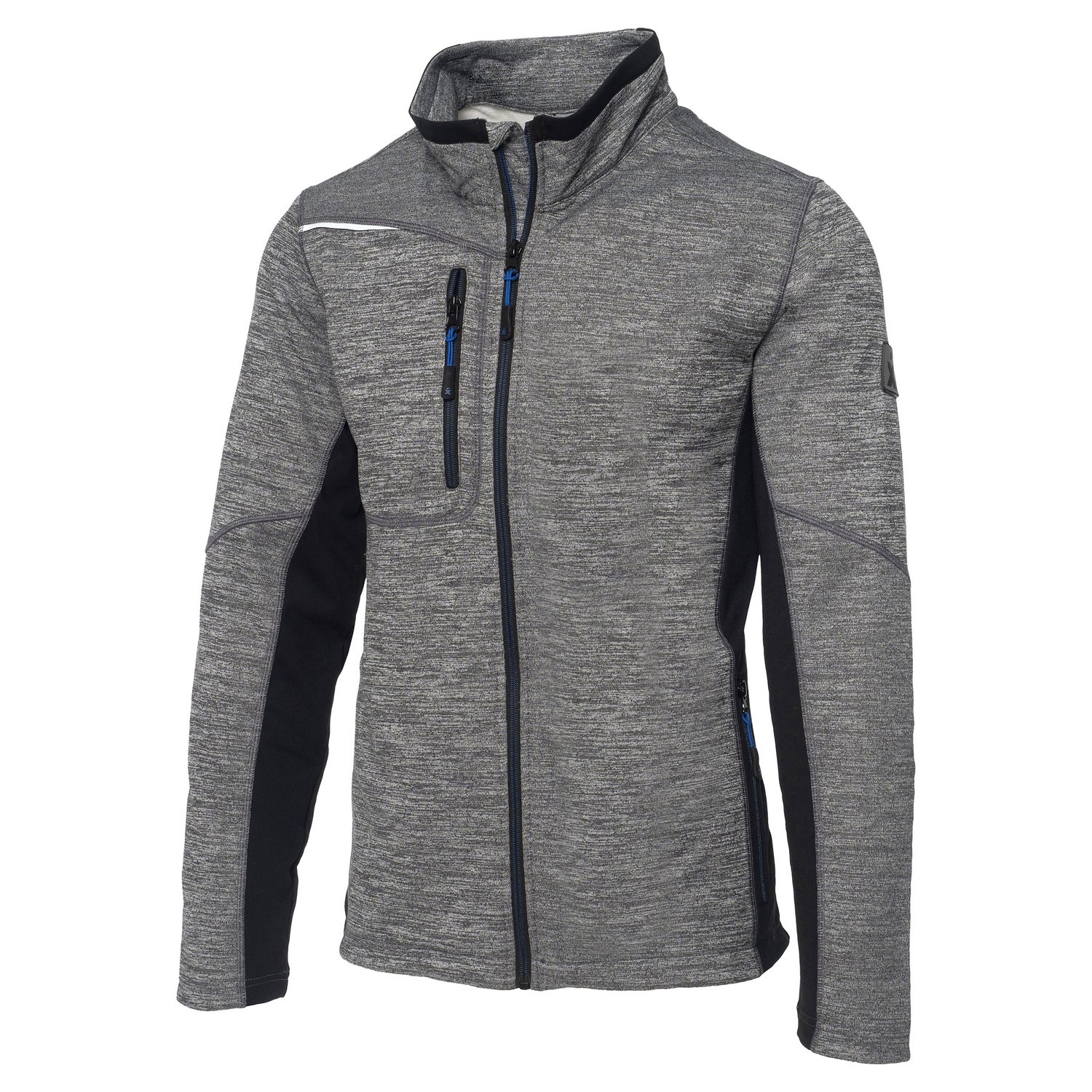 Excess Workwear Softshelljacke grau-meliert mit schwarzen Einsätzen, Stehkragen und Reißverschlusstaschen, sportlicher Schnitt.