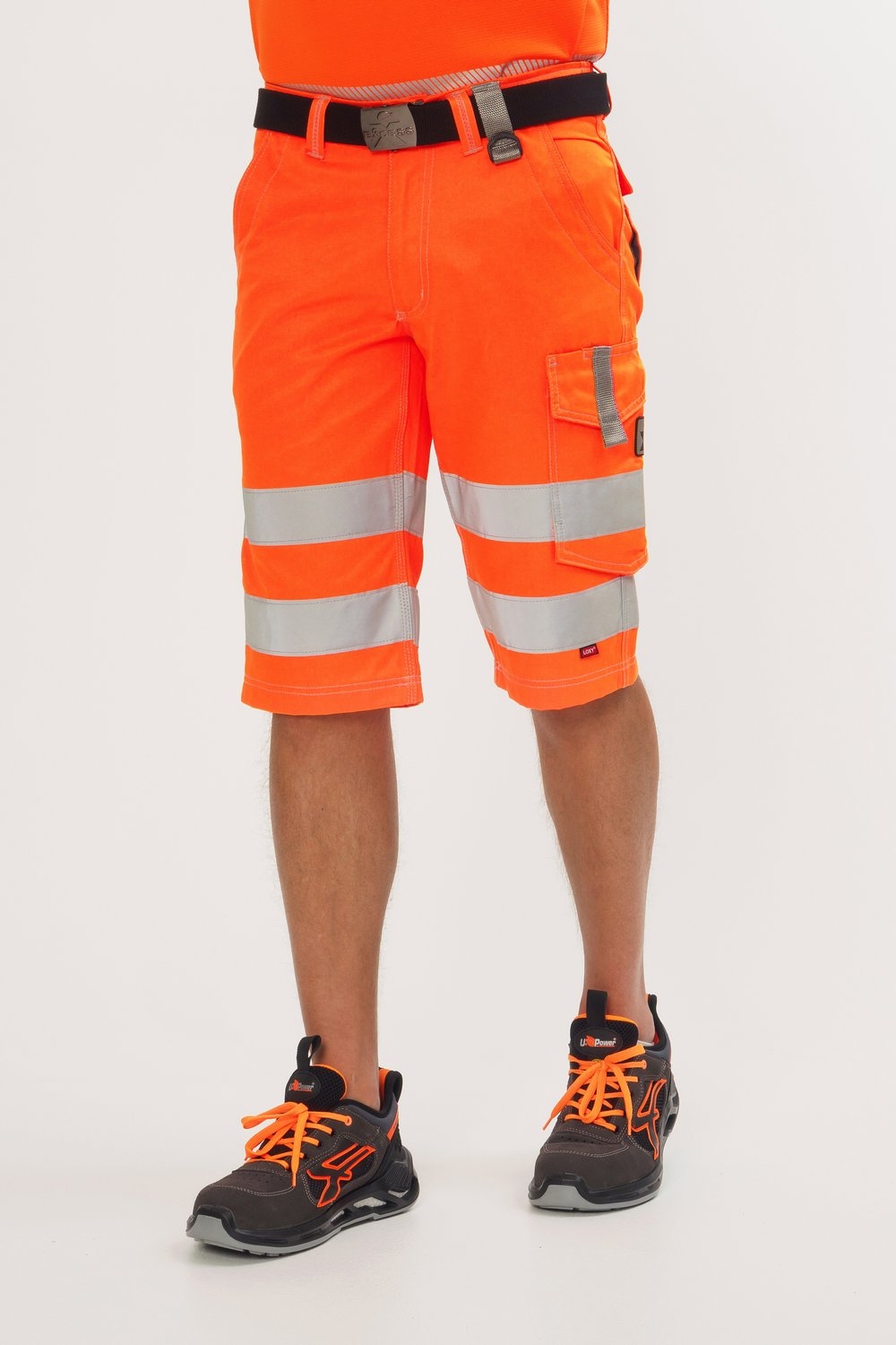 EXCESS Warnschutz-Bermuda orangefarben mit Reflexstreifen, kurze Arbeitshose für Sommer, Bau und Handwerk.