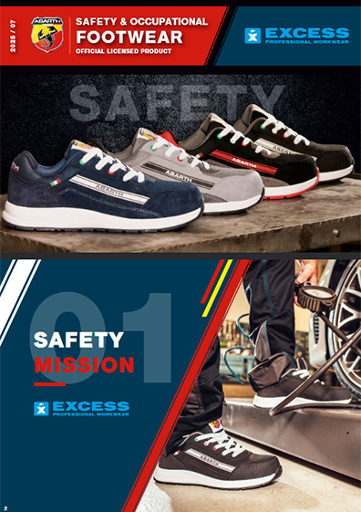 Werbeposter für Sicherheitsschuhe der Marken Abarth und Excess Professional Workwear. Oben sind mehrere Sneakermodelle in verschiedenen Farben zu sehen, unten tragen Personen die Schuhe bei der Arbeit. Der Schriftzug lautet „Safety Mission“.