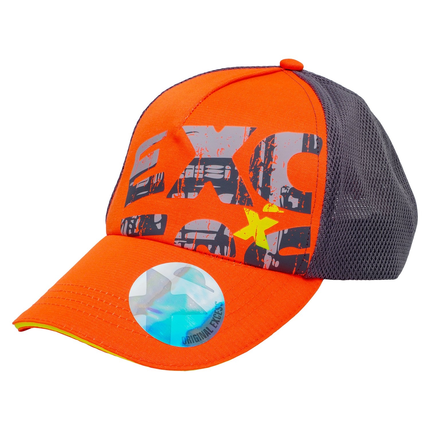 Orange Cap mit grauem Mesh-Rückenteil, großem EXC-Schriftzug in Grau-Schwarz, gelbem Stern und Aufkleber auf dem Schirm.