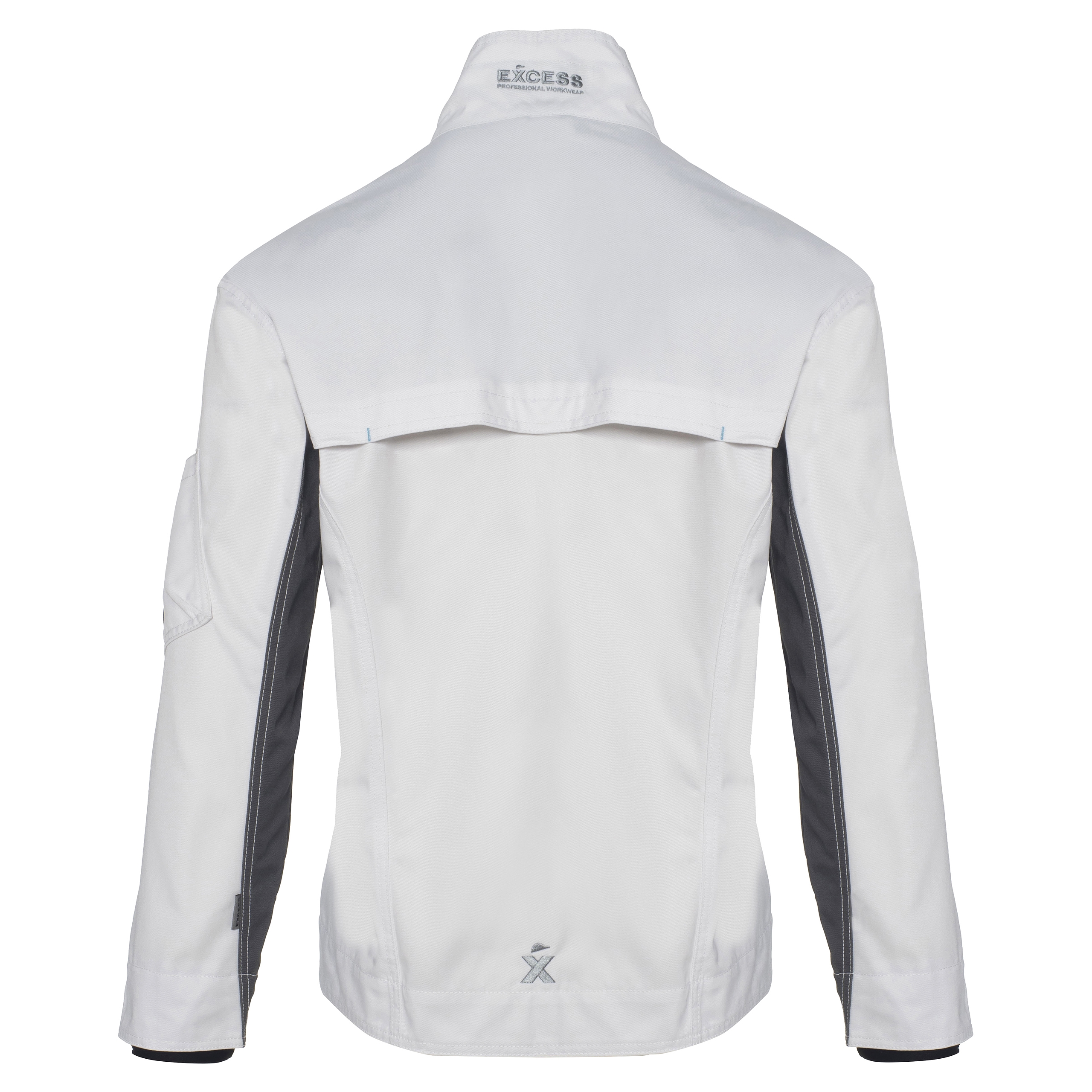 Rückansicht der weißen CHAMP Arbeitsjacke – Sportliche Arbeitsjacke mit verdecktem Reißverschluss und vielen praktischen Taschen.