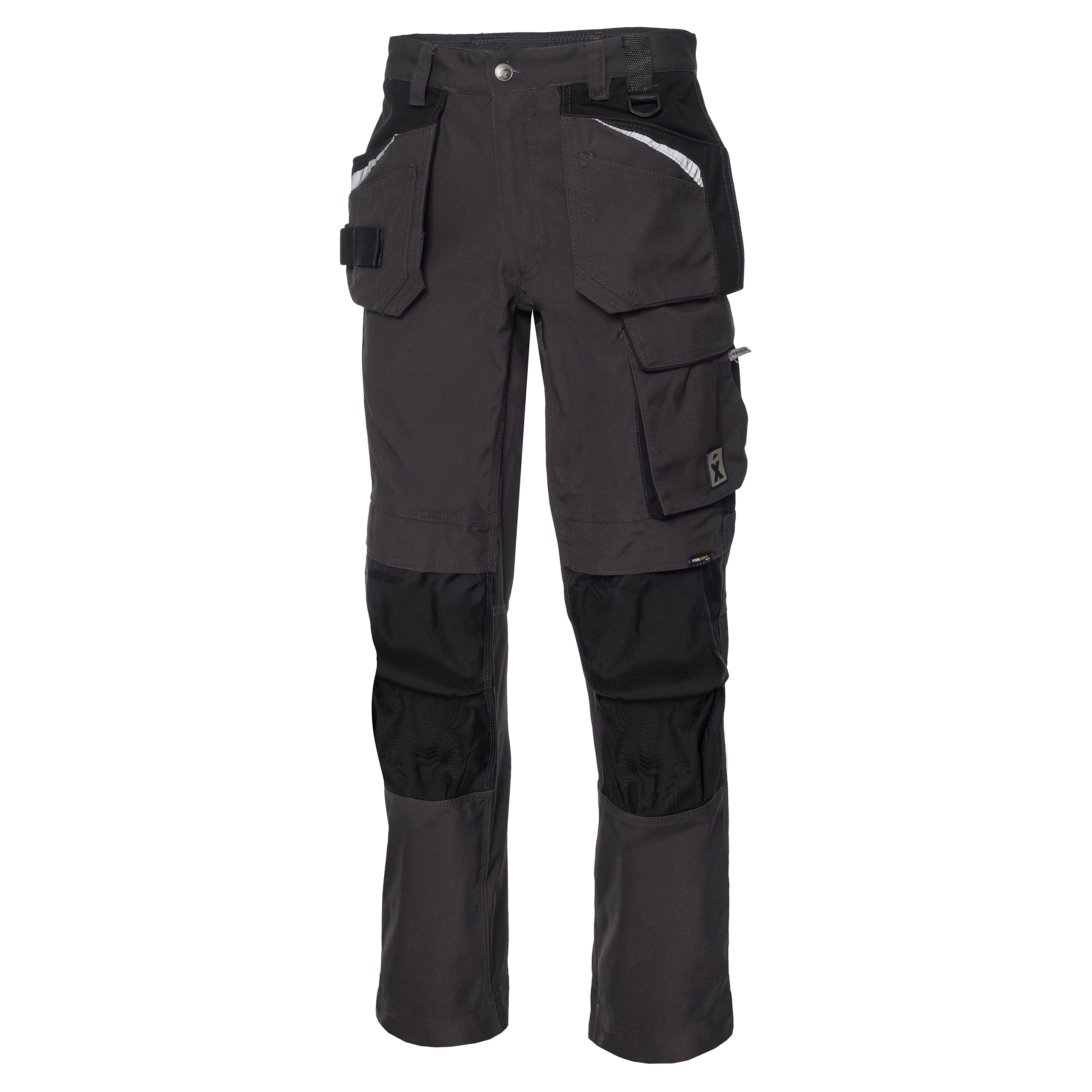 Schwarz-graue Arbeitshose von Excess Workwear mit funktionalen Taschen, Reflexdetails und verstärkten Knien. Robustes Material, ergonomischer Schnitt und zahlreiche Staumöglichkeiten für Werkzeug und Zubehör.