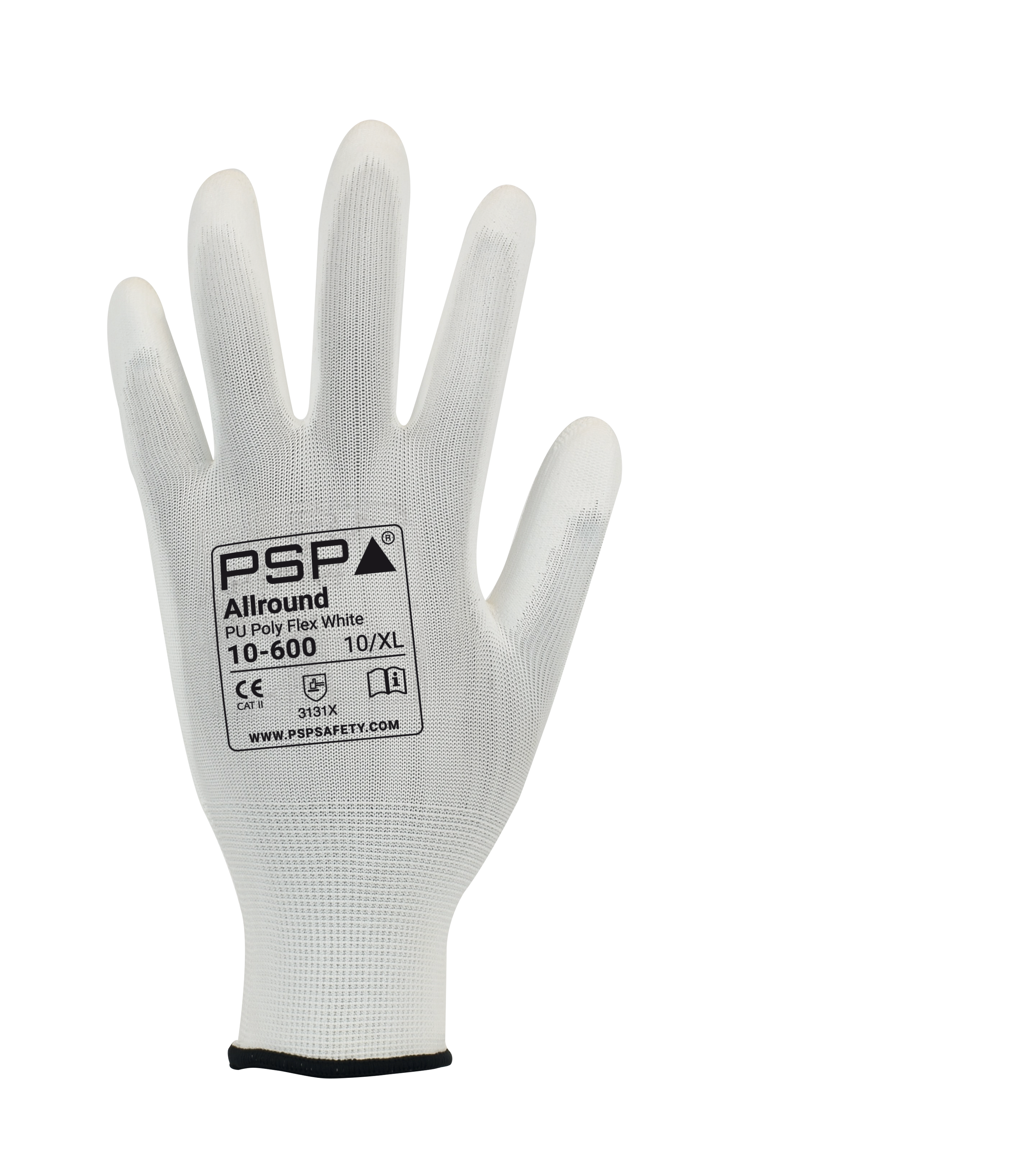 Weißer Arbeitshandschuh Größe L mit 13-Gauge Polyesterliner und PU-Antirutschbeschichtung auf der Handfläche, unbeschichteter Rücken.