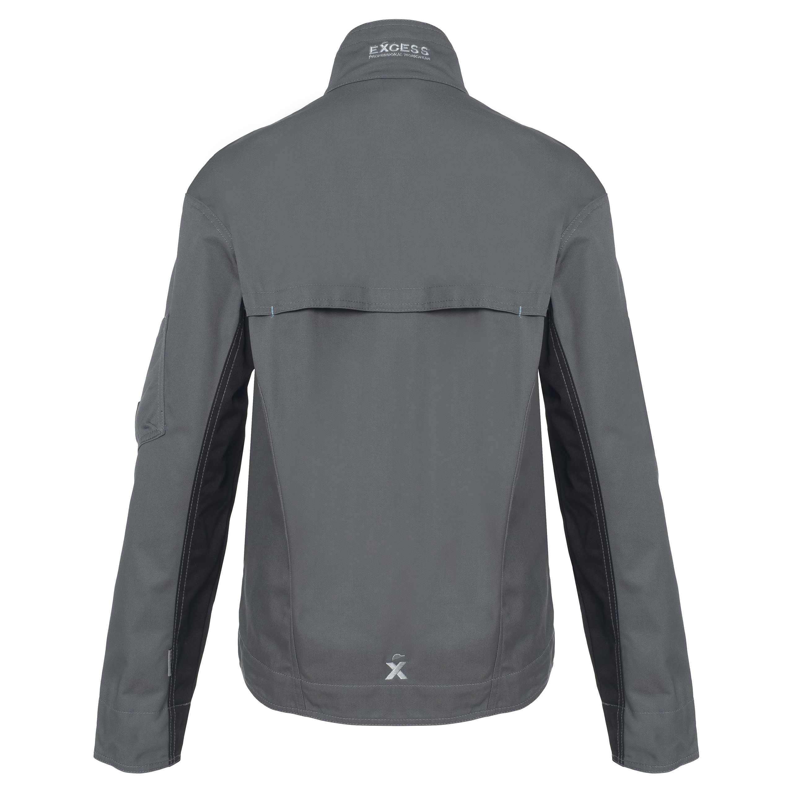 Rückansicht der grauen CHAMP Arbeitsjacke – Sportliche Arbeitsjacke mit verdecktem Reißverschluss und vielen praktischen Taschen.