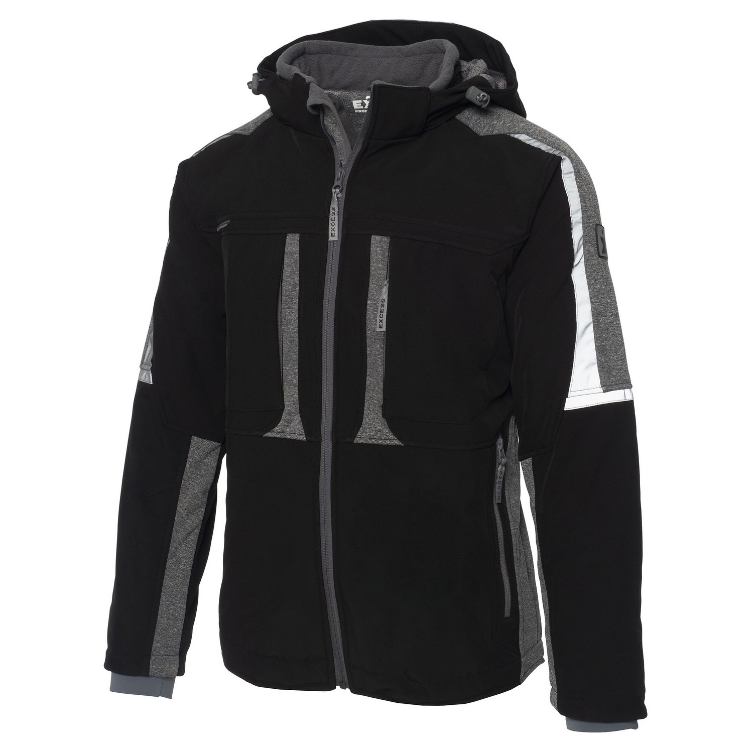 Schwarze Softshelljacke von Excess Workwear mit grauen Einsätzen, verstellbarer Kapuze, durchgehendem Reißverschluss, Brust- und Seitentaschen sowie reflektierenden Details für Outdoor, Arbeit und Freizeit.
