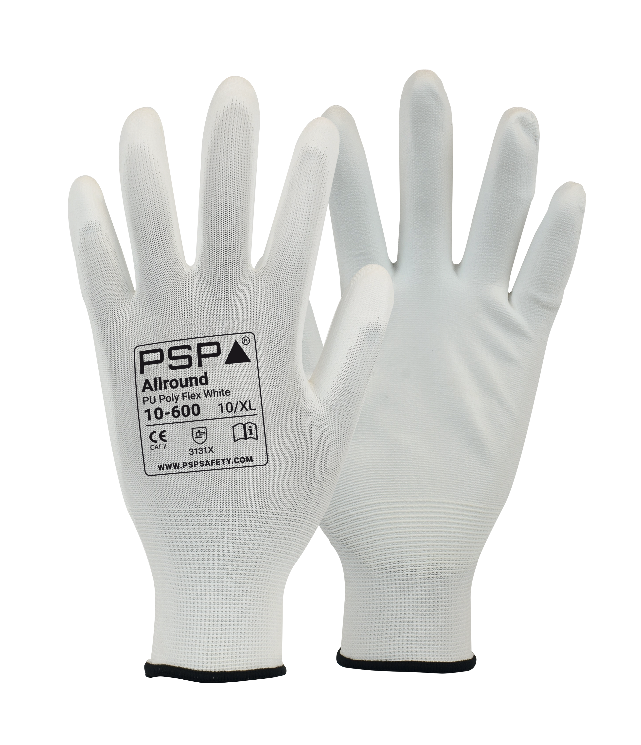 Weißer Arbeitshandschuh Größe L mit 13-Gauge Polyesterliner und PU-Antirutschbeschichtung auf der Handfläche, unbeschichteter Rücken.