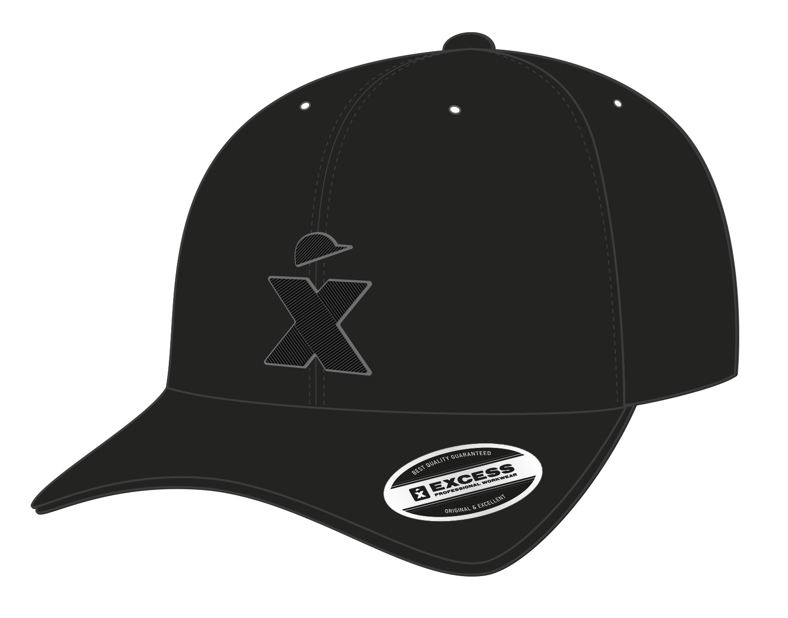 Schwarze Baseball-Cap mit gebogenem Schirm, EXCESS Logo-Print vorne und Aufkleber mit Markenaufdruck auf dem Schirm..