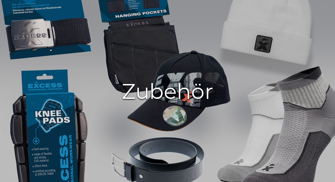 Zubehörprodukte von Excess Professional Workwear, darunter Gürtel, Knieschoner, Werkzeugtaschen, schwarze Kappe, weiße Mütze und Arbeitssocken. In der Bildmitte steht der Schriftzug „Zubehör“.