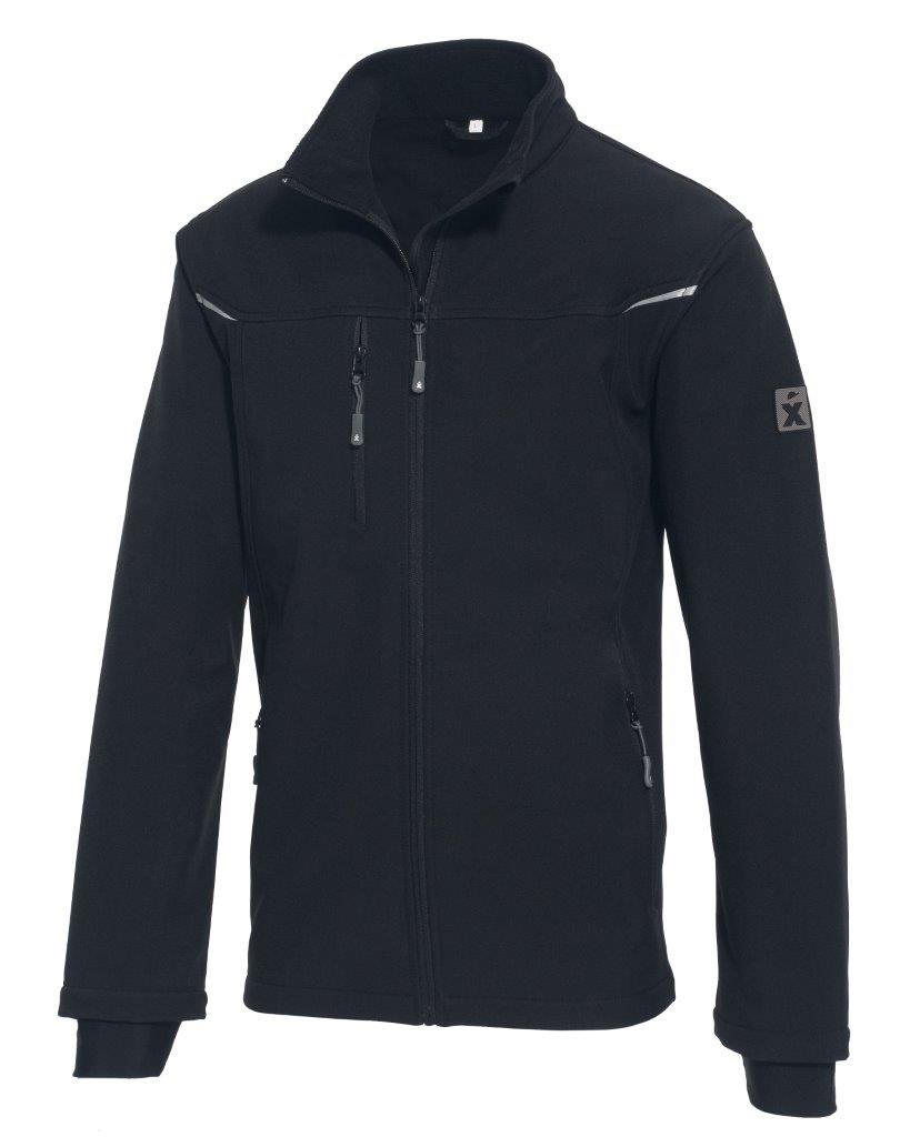Schwarze Softshelljacke von Excess Workwear mit grauen Seiteneinsätzen, Stehkragen, durchgehendem Reißverschluss, seitlichen Taschen und Brusttasche mit Zipper, aus atmungsaktivem, wetterfestem Material – ideal für Arbeit und Outdoor.