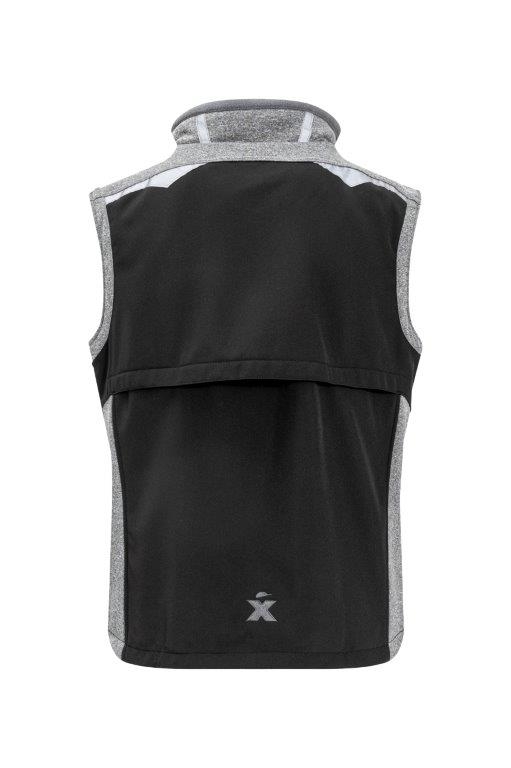 Arbeitsweste in Schwarz mit grauen Schulter- und Kragendetails, Rückansicht mit Belüftungsöffnung und reflektierendem Logo.