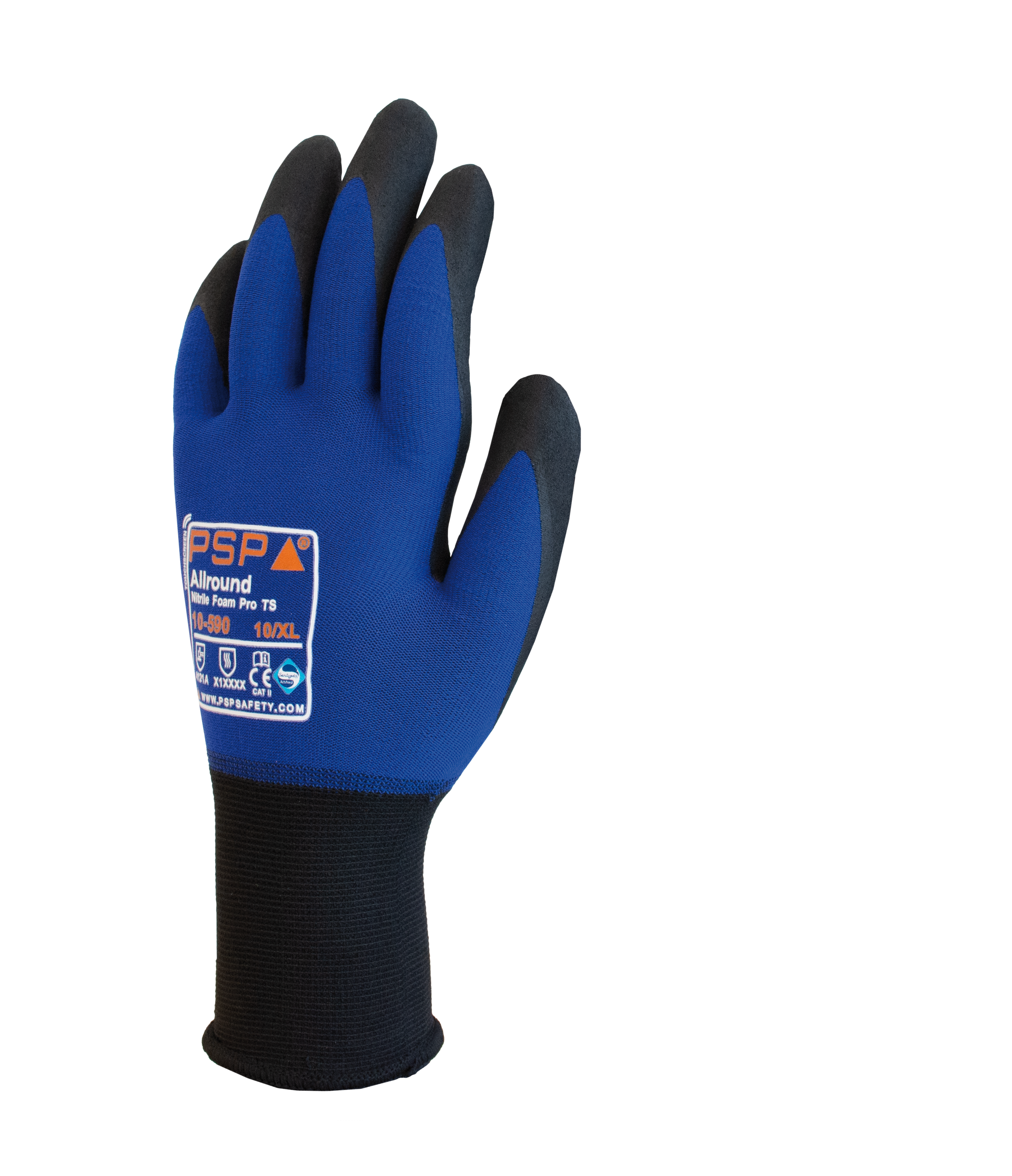 Blauer TS-NF Arbeitshandschuh Größe XXL mit Nitrilschaum-Beschichtung auf der Handfläche, Touch-Funktion und belüftetem Lycra-Handrücken.