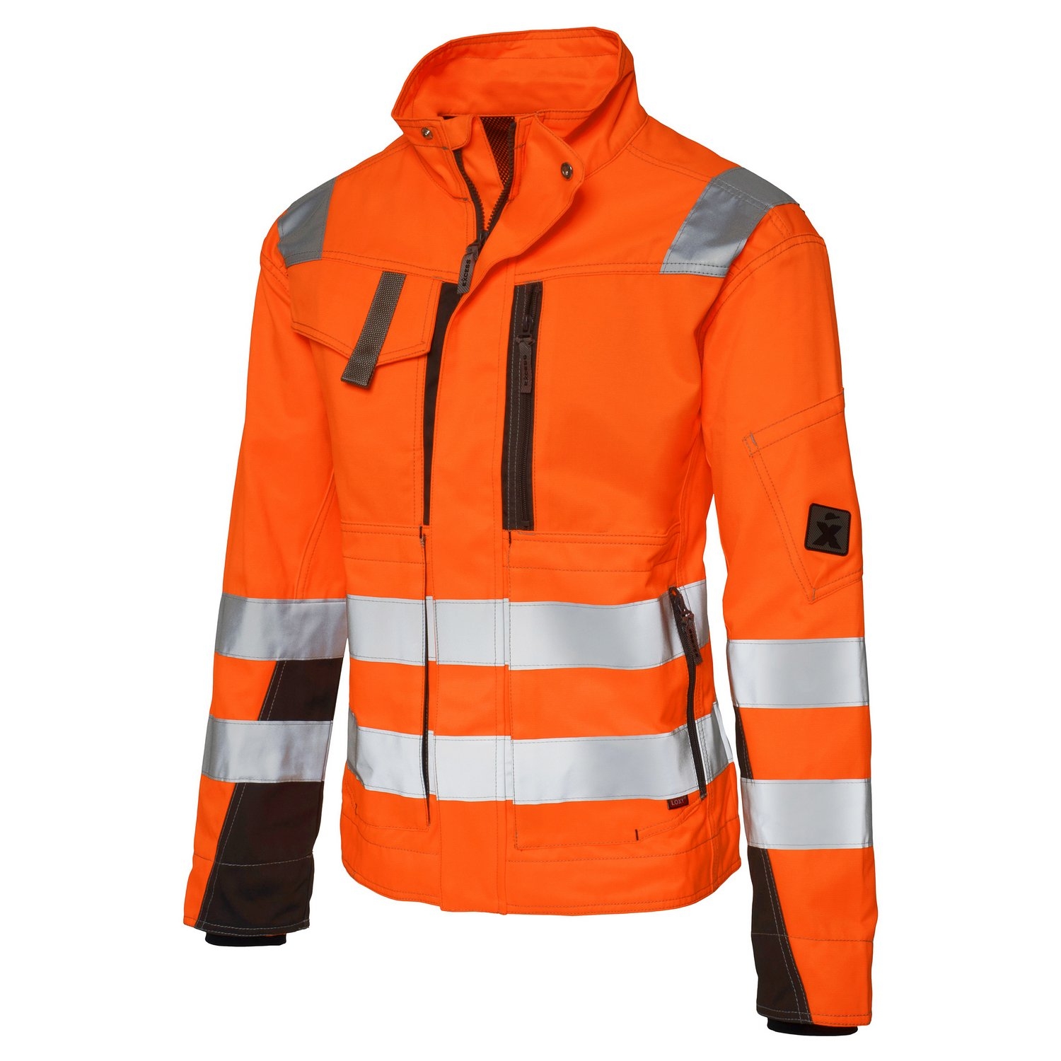 Vorderansicht einer leuchtend orangefarbenen Warnschutzjacke mit silbernen Reflexstreifen, Stehkragen und schwarzen Besätzen.