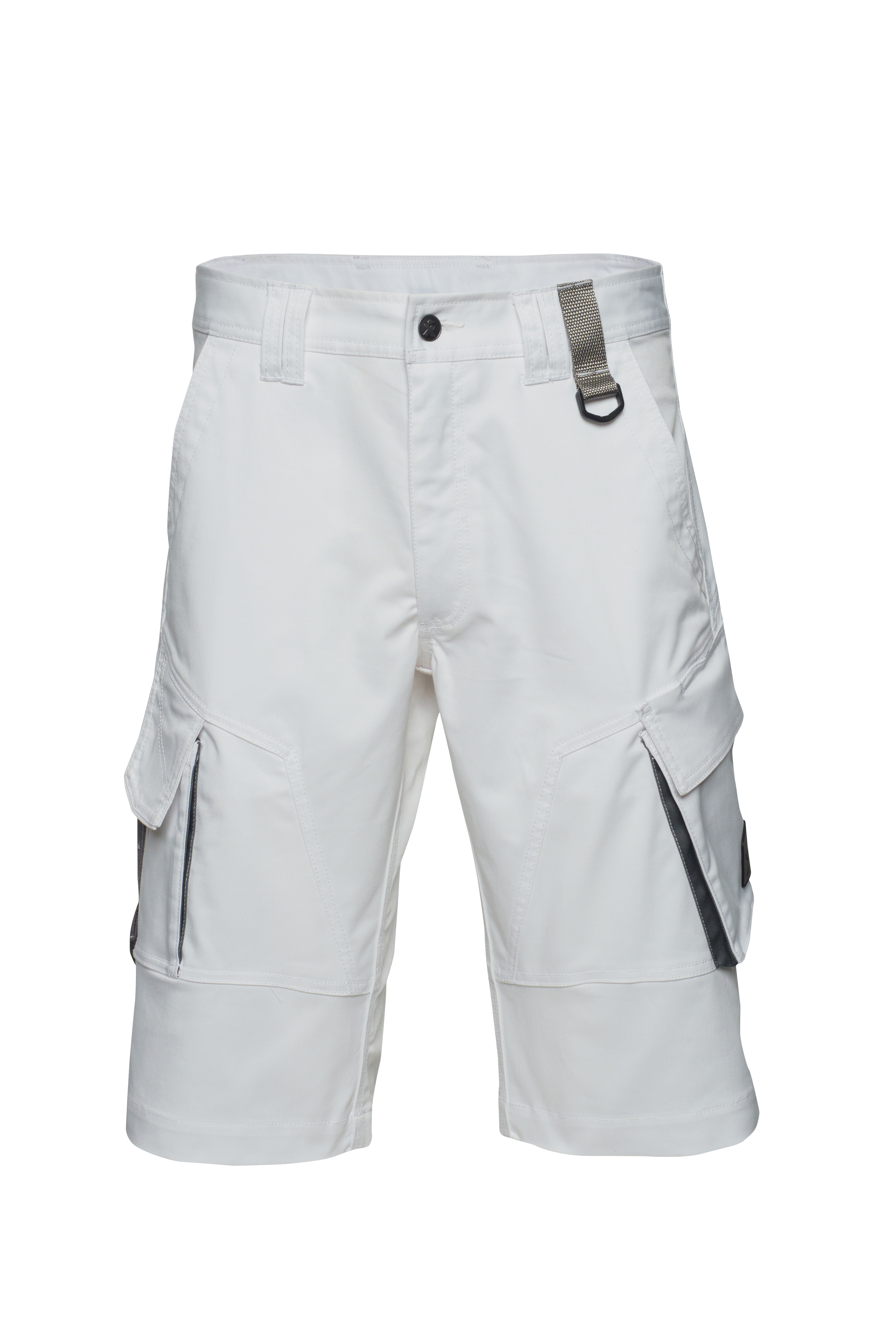 Weiße Arbeitsbermuda mit praktischen Cargotaschen und Schlaufe – strapazierfähige Shorts für Handwerk und Malerarbeiten.