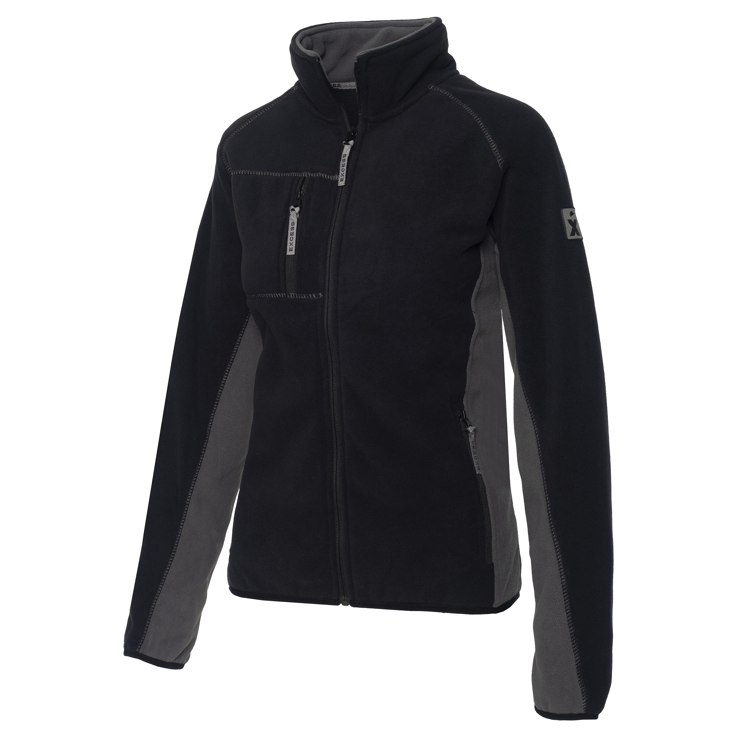 Excess Workwear Fleecejacke in Schwarz mit grauen Einsätzen, Reißverschluss, Brusttasche und sportlichem Schnitt.