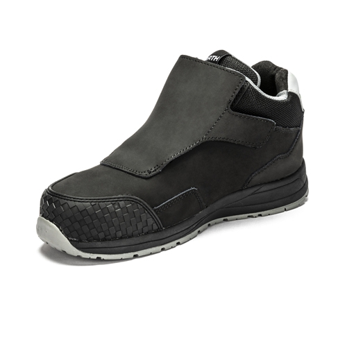 Schwarzer Sicherheitsschuh mit verdeckter Schnürung und verstärkter Kappe – robuste Workwear für Bau, Handwerk und Industrie.