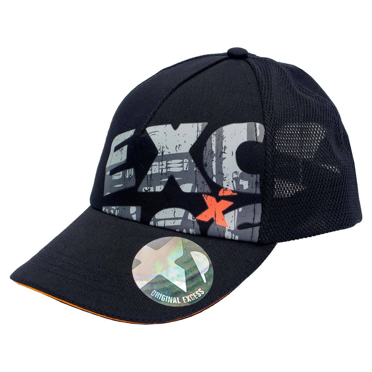 Excess Workwear Cap in Schwarz mit großem EXC-Logo-Print, Mesh-Einsatz hinten und rundem Original Excess Sticker.
