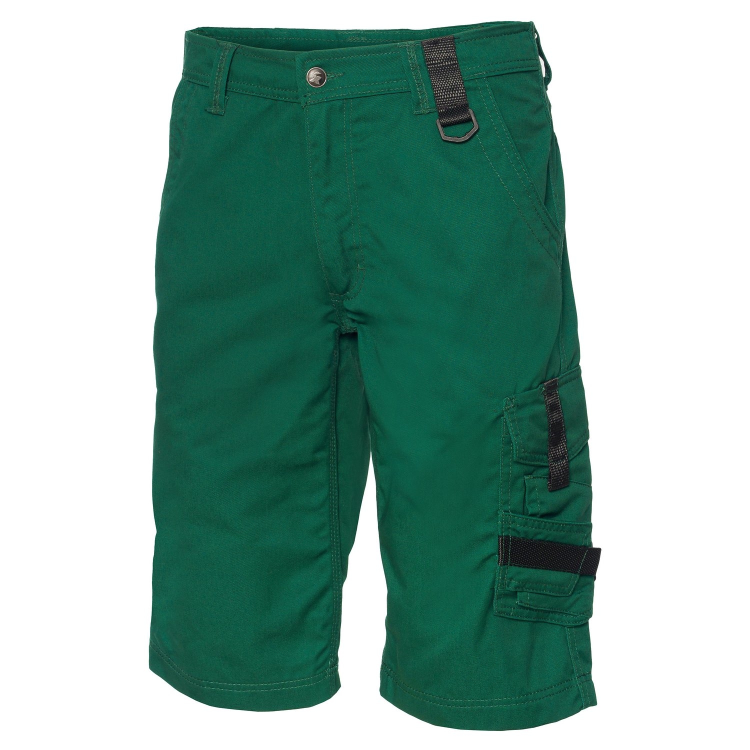 Grüne Arbeitsbermuda mit praktischen Cargotaschen und Werkzeugschlaufen – funktionale Malershorts für Handwerker und Bauarbeiten.