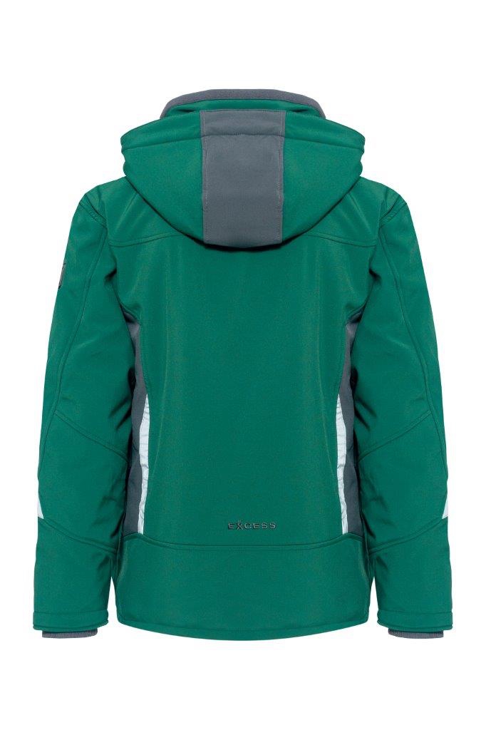 Rückansicht Excess Workwear Softshelljacke in Grün mit Kapuze, grauen Einsätzen, Reflexdetails und Reißverschlusstaschen.