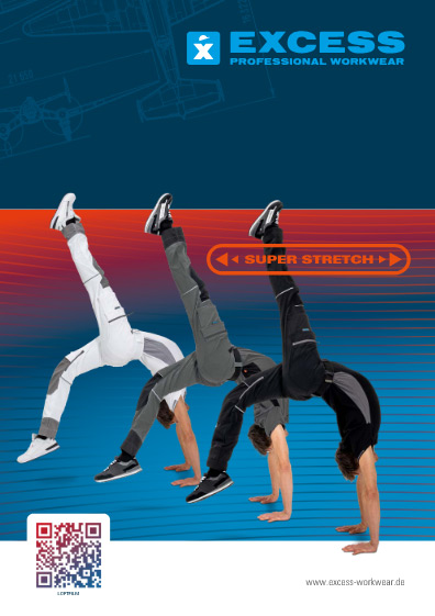 Werbegrafik der Marke Excess Professional Workwear mit drei Männern in Arbeitskleidung, die Handstände machen, um die Bewegungsfreiheit der „Super Stretch“-Kollektion zu demonstrieren.