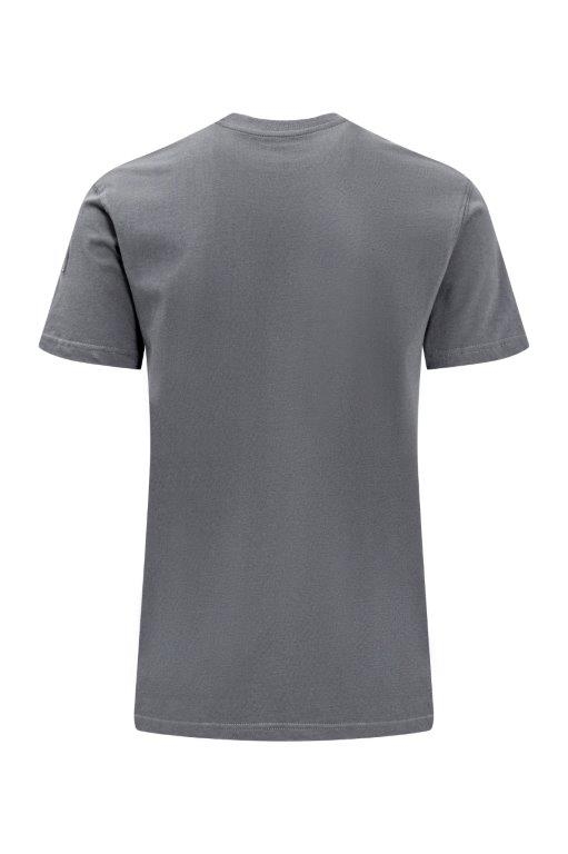 Rückseite graues T-Shirt mit Rundhalsausschnitt, kurzem Ärmel und kleinem Excess Logo auf dem linken Oberarm.